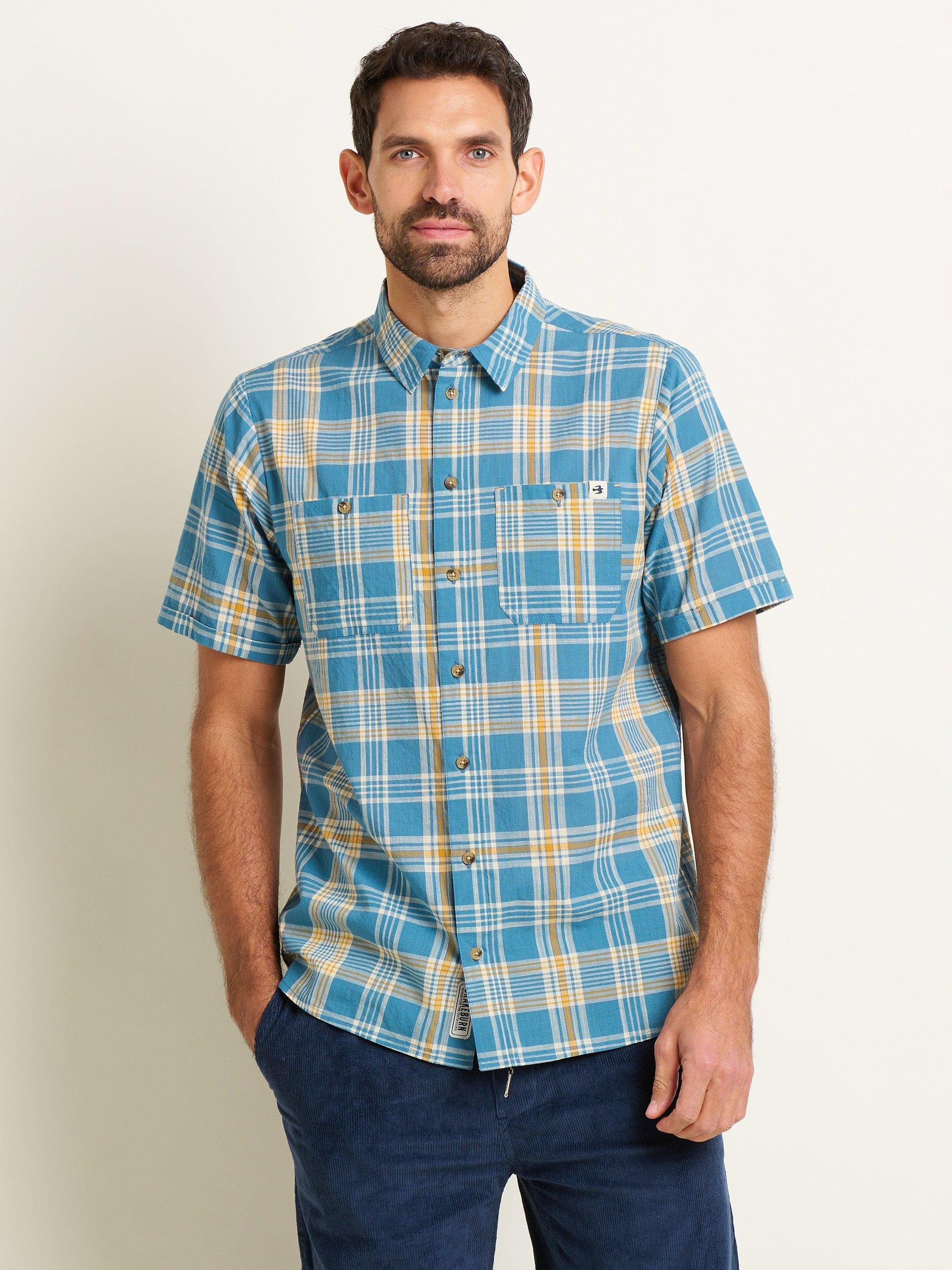 Brakeburn Check Cotton Short Sleeve Shirt, Blue/Yellow