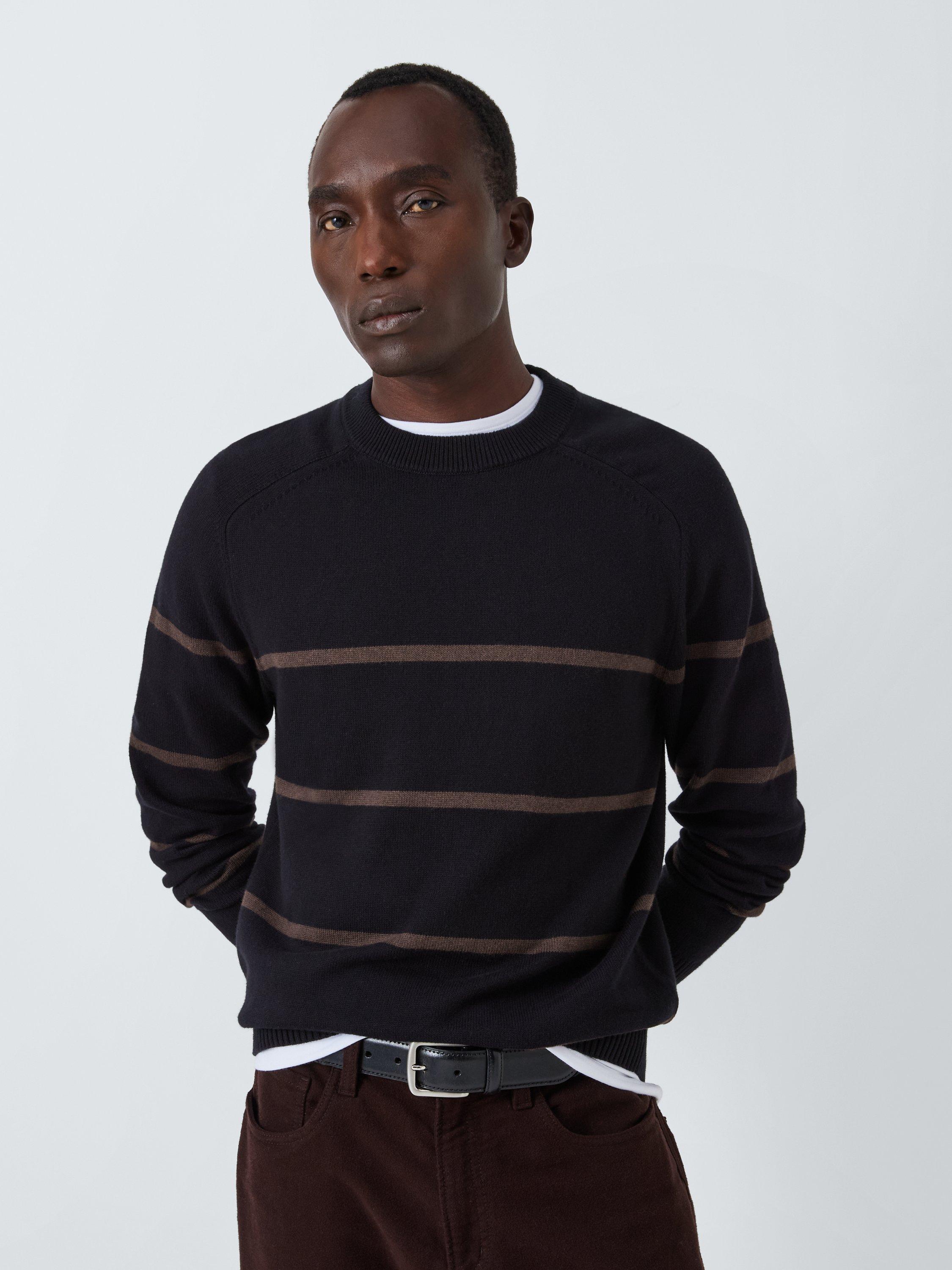 John Lewis Cotton Cashmere Wide Stripe Knit Jumper, Black/Brazil Nut