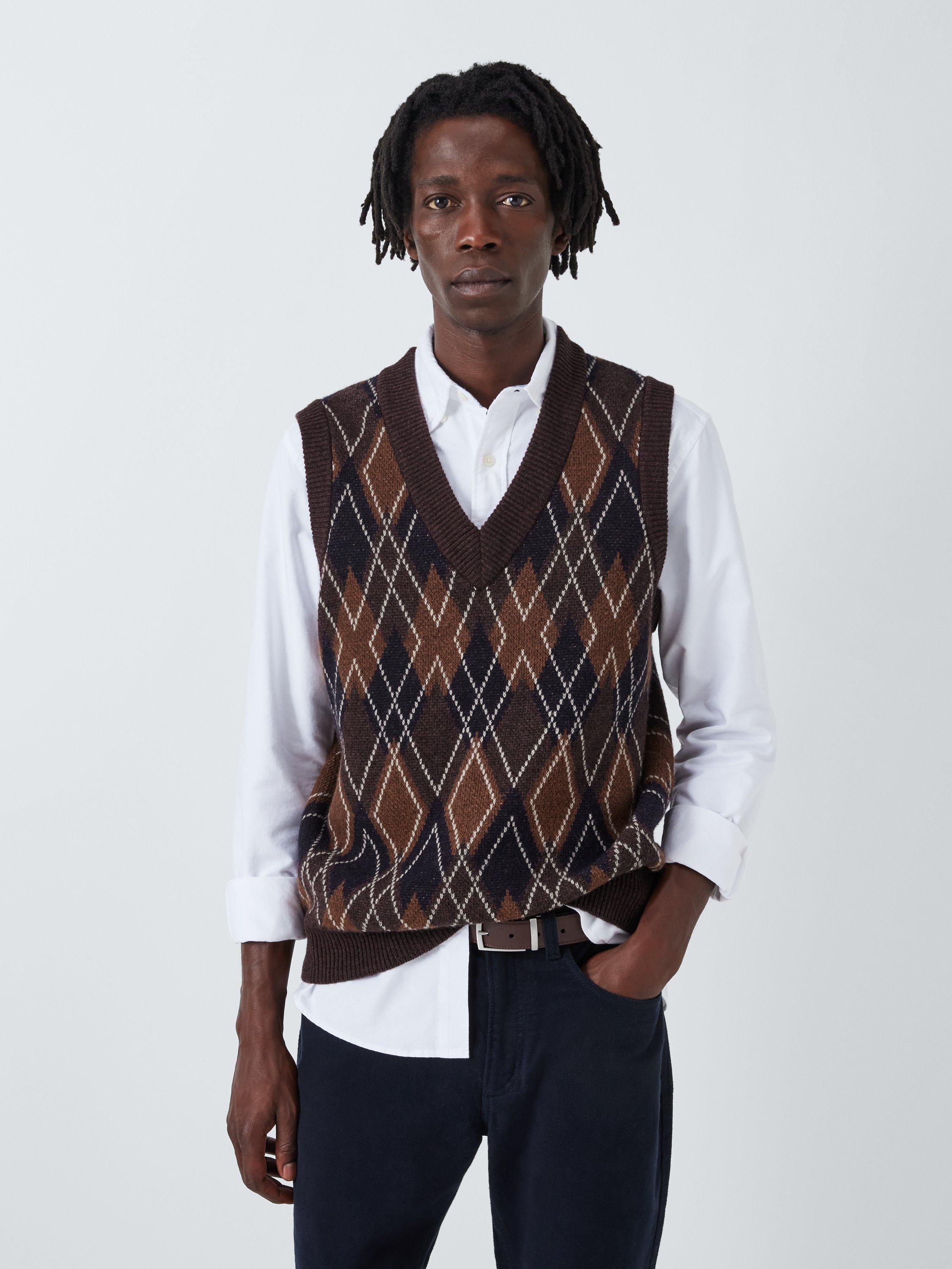 John Lewis Lambswool Blend Argyll Tank Top, Woodrush/Navy
