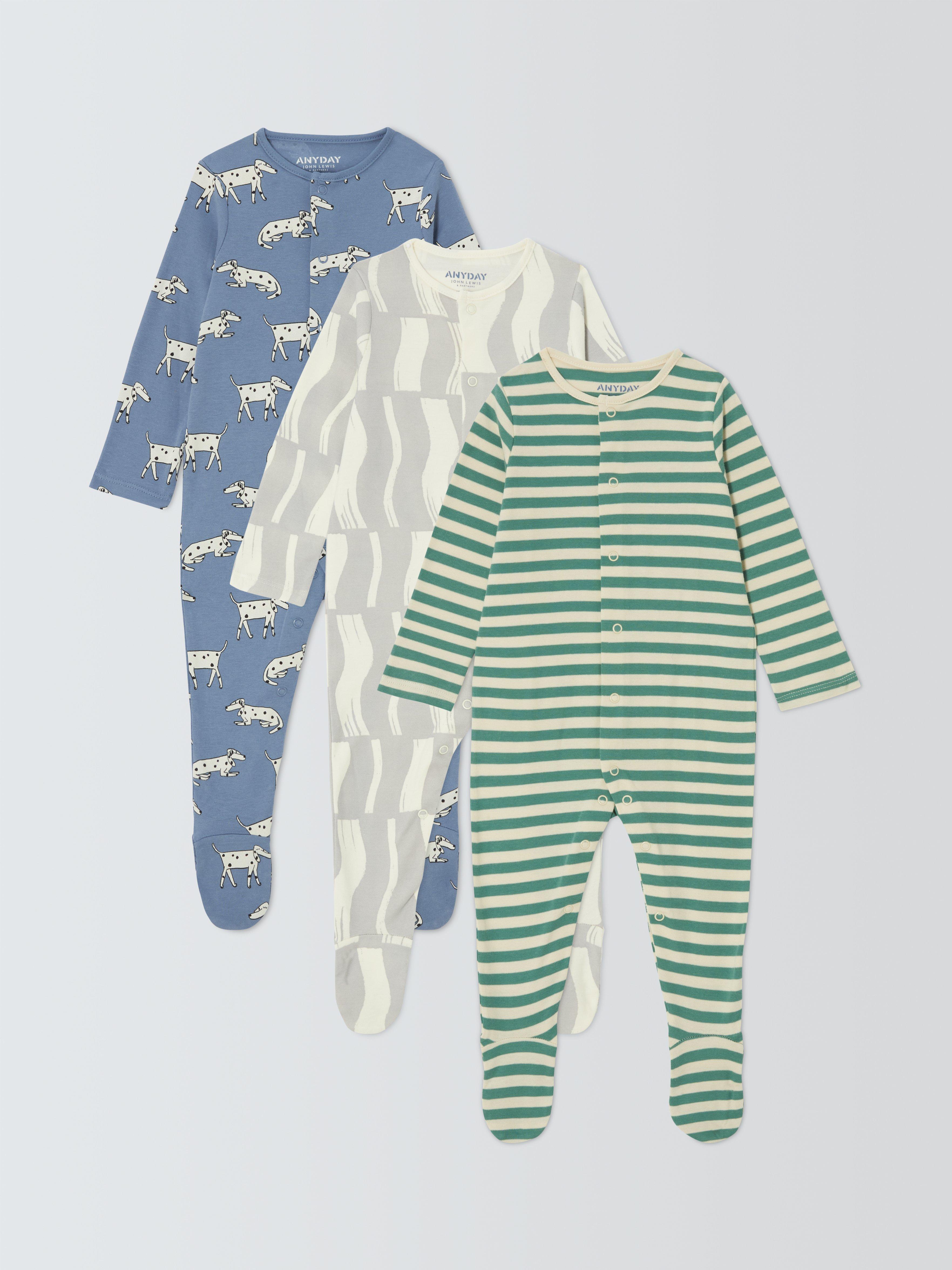 John Lewis Baby Dalma Stripe Dog Cotton Sleepsuit, Pack of 3