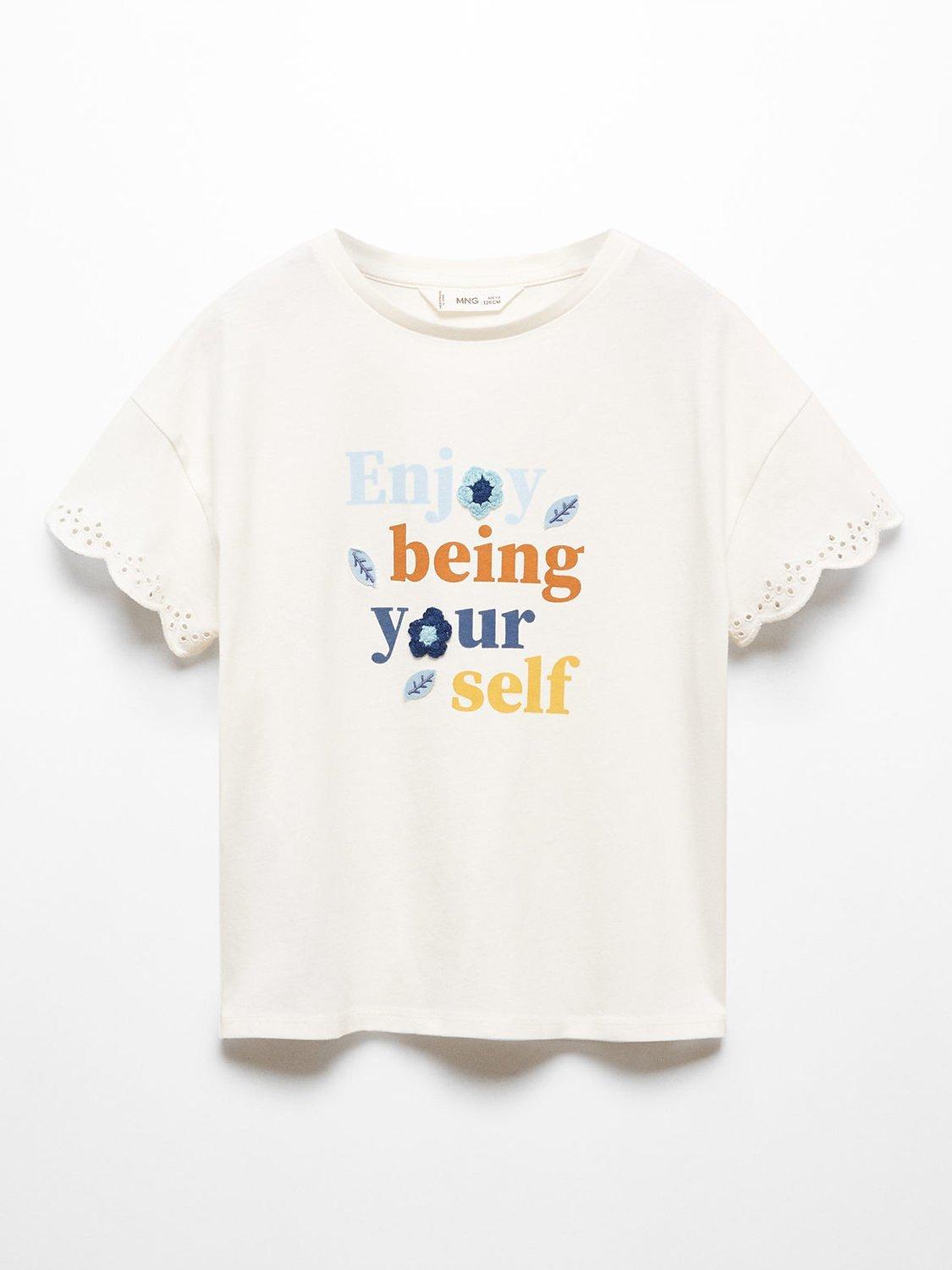Mango Kids' Being Floral Embroidered Short Sleeve Top, Natural White