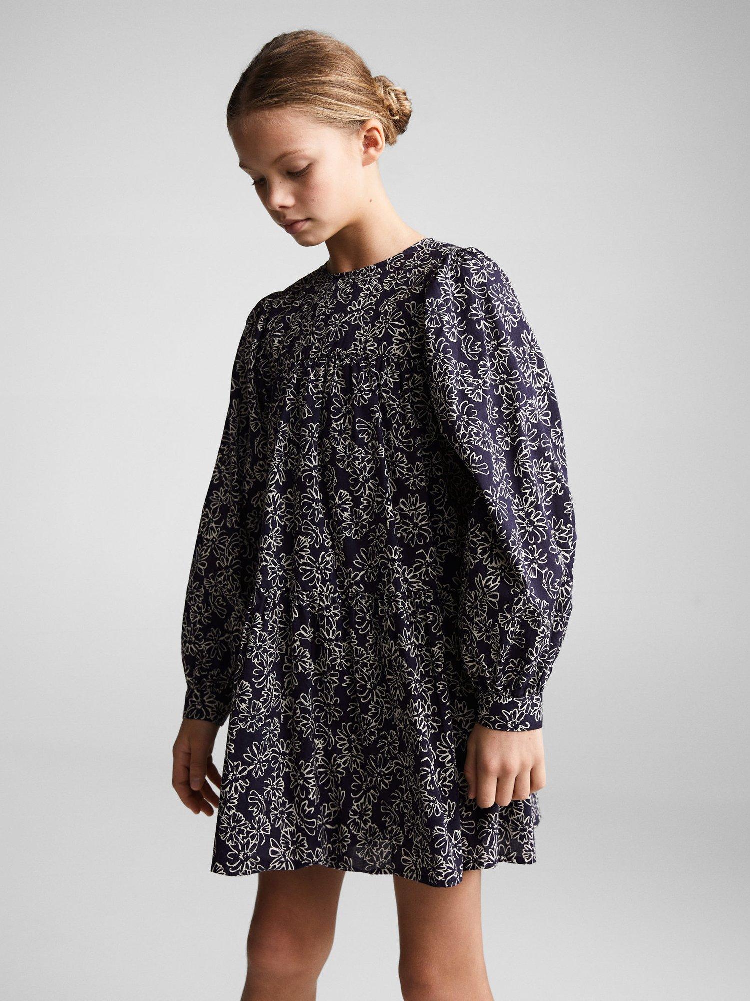Mango Kids' Flopi Floral Print Dress, Navy