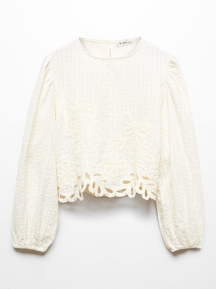 Mango Kids' Sara Floral Embroidered Blouse, Light Beige