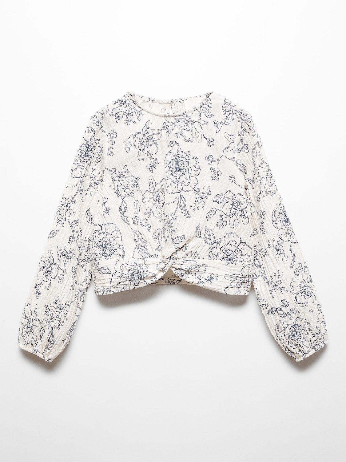 Mango Kids' Annita Floral Print Knot Detail Blouse, Natural White