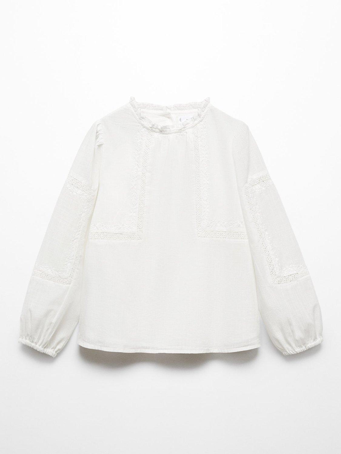 Mango Kids' Tania Embroidered Ruffle Neck Blouse, Natural White