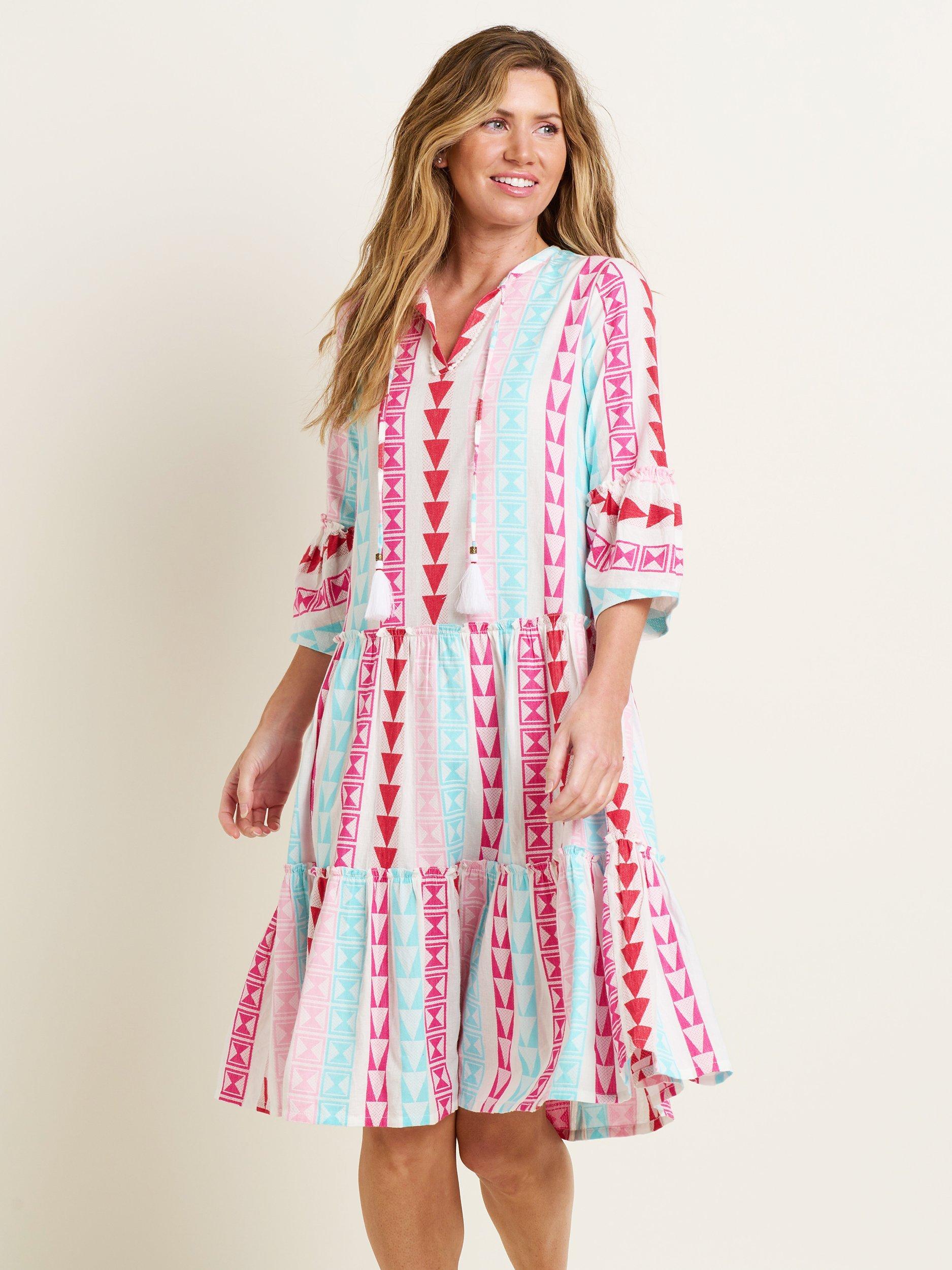Product image 2 of 5, which shows Brakeburn Nessa Geometric Print Tiered Midi Dress, Multi, 20