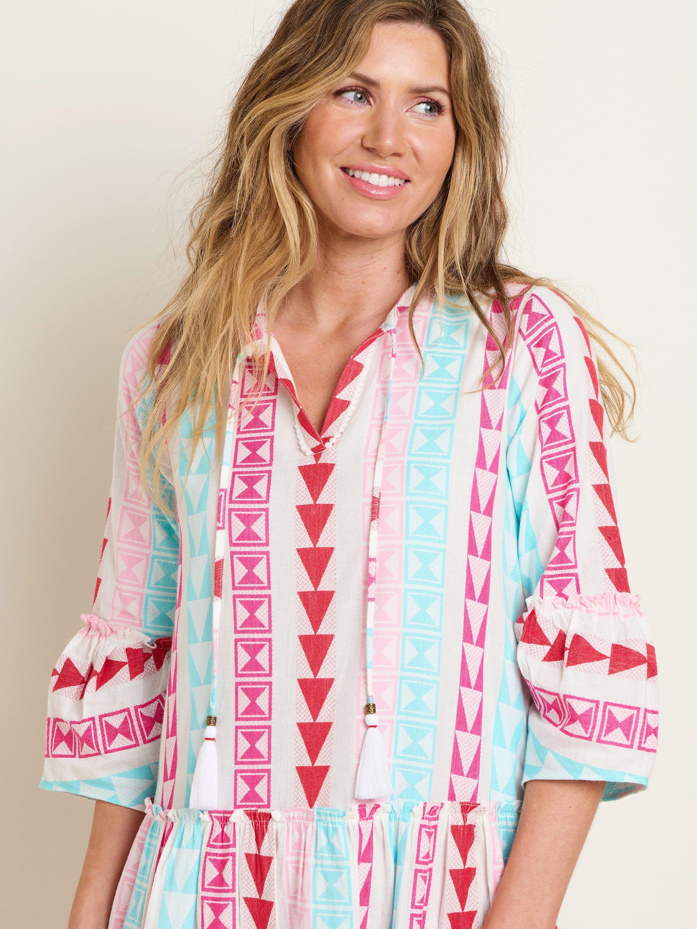 Product image 4 of 5, which shows Brakeburn Nessa Geometric Print Tiered Midi Dress, Multi, 20