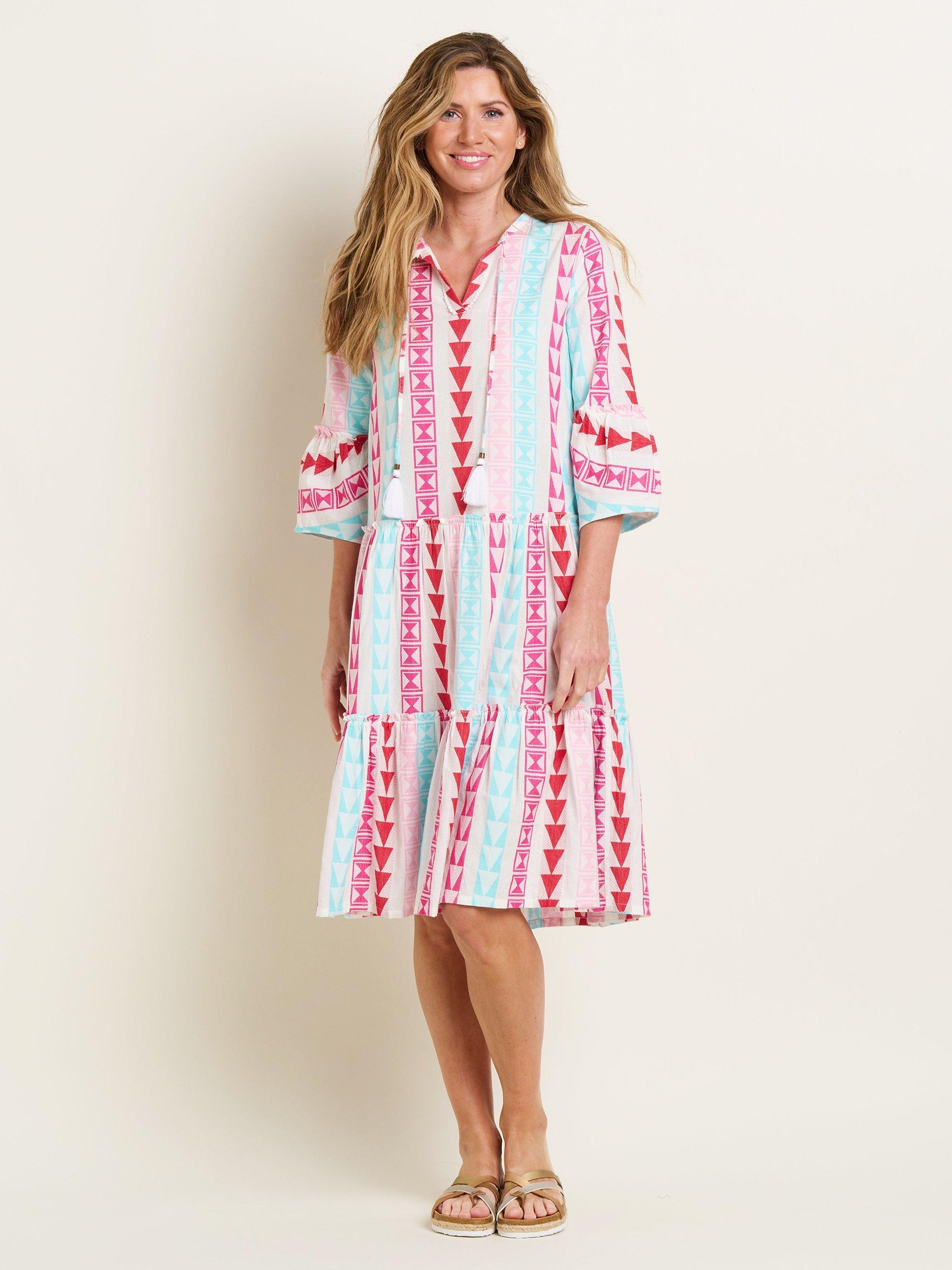 Product image 5 of 5, which shows Brakeburn Nessa Geometric Print Tiered Midi Dress, Multi, 20