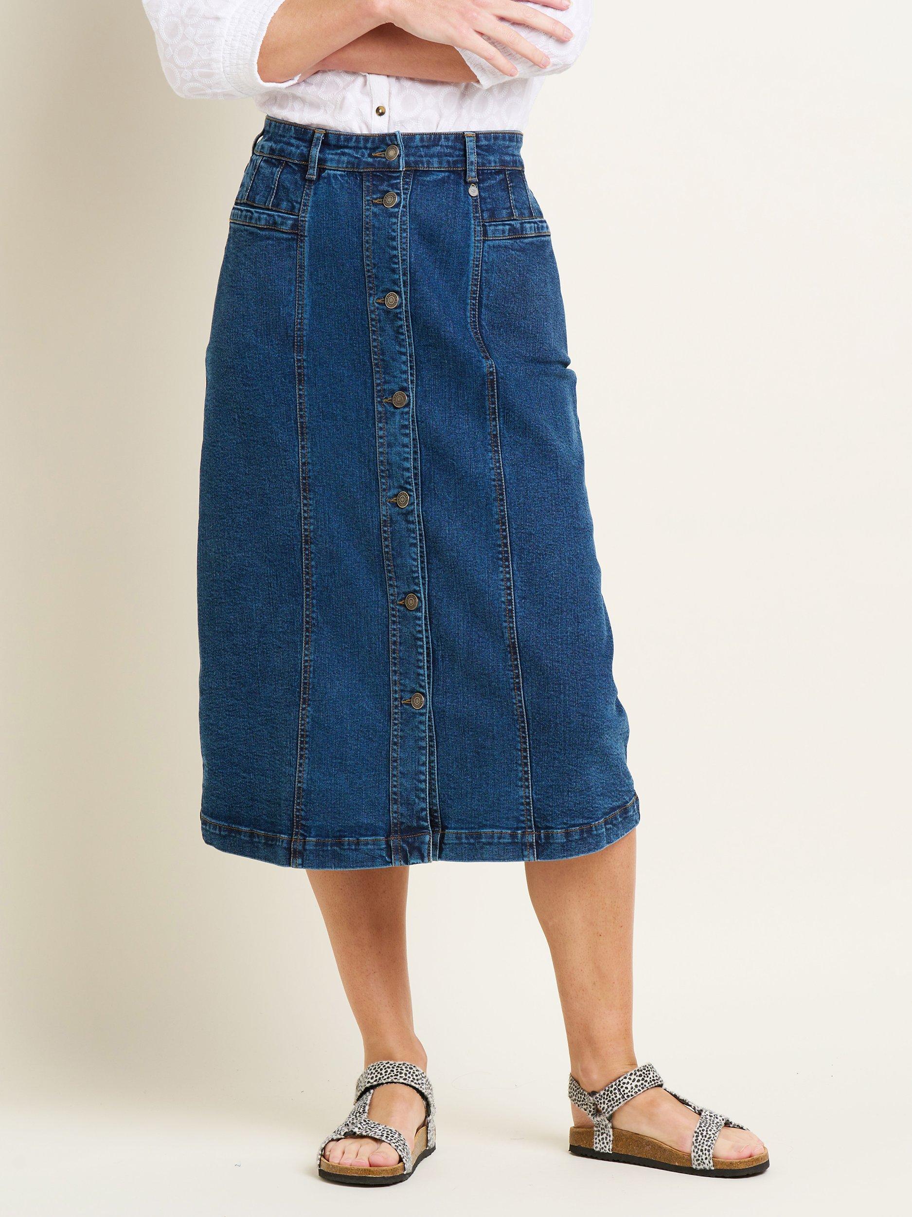 Product image 1 of 4, which shows Brakeburn Button Front Denim Midi Skirt, Blue, 18