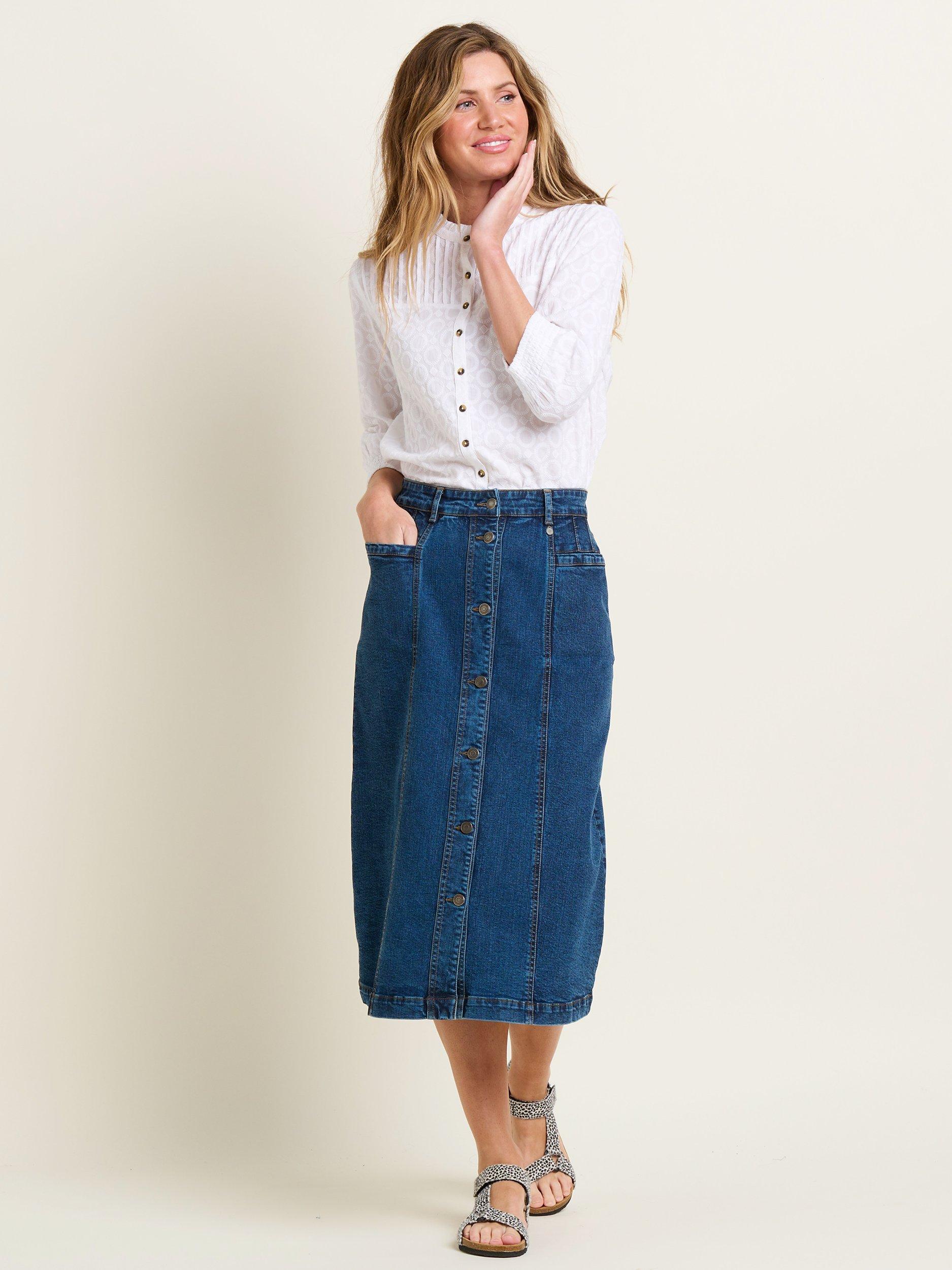 Product image 4 of 4, which shows Brakeburn Button Front Denim Midi Skirt, Blue, 18