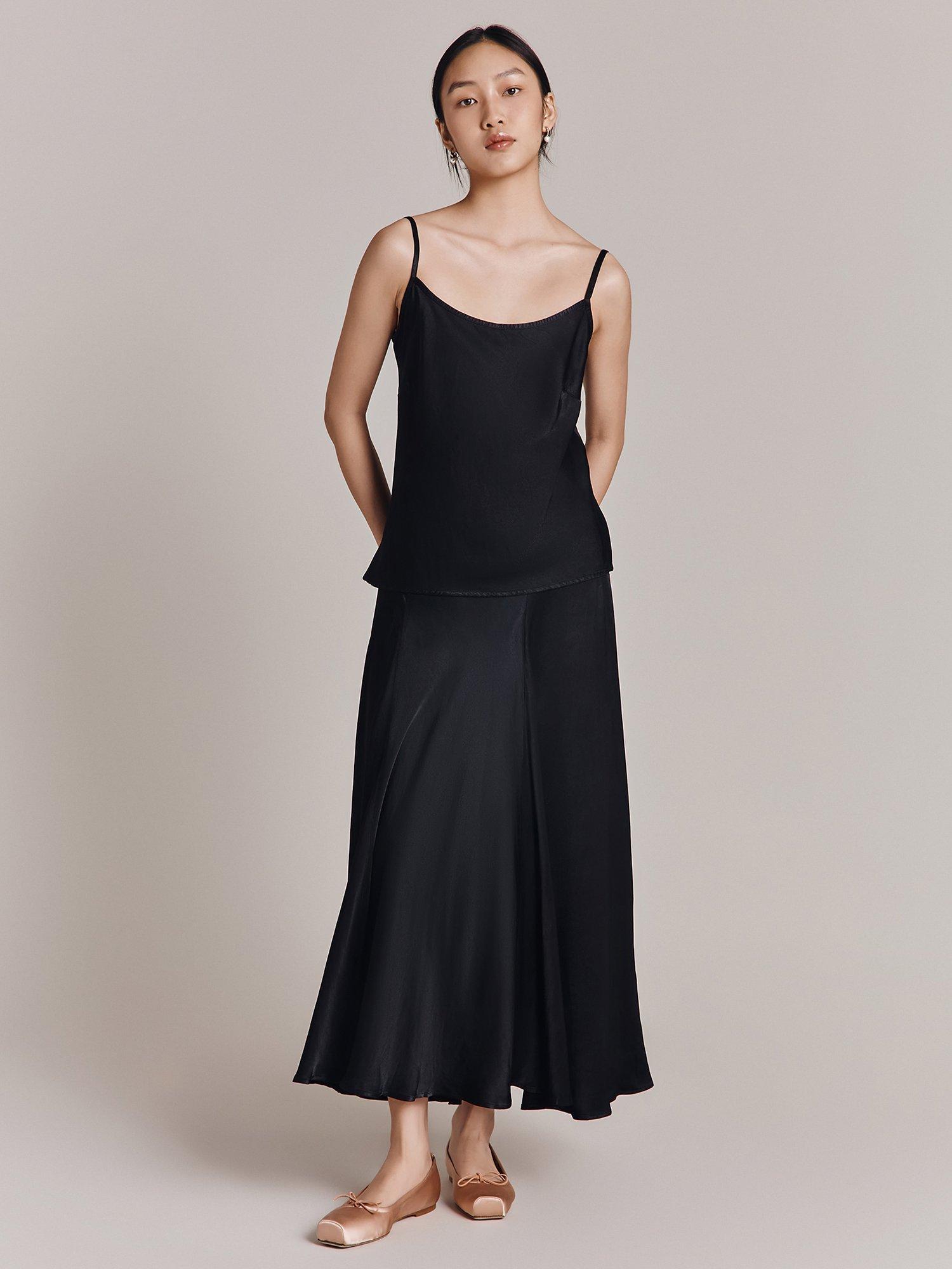 Product image 1 of 4, which shows Ghost Poppy Satin Maxi Skirt, Black, S