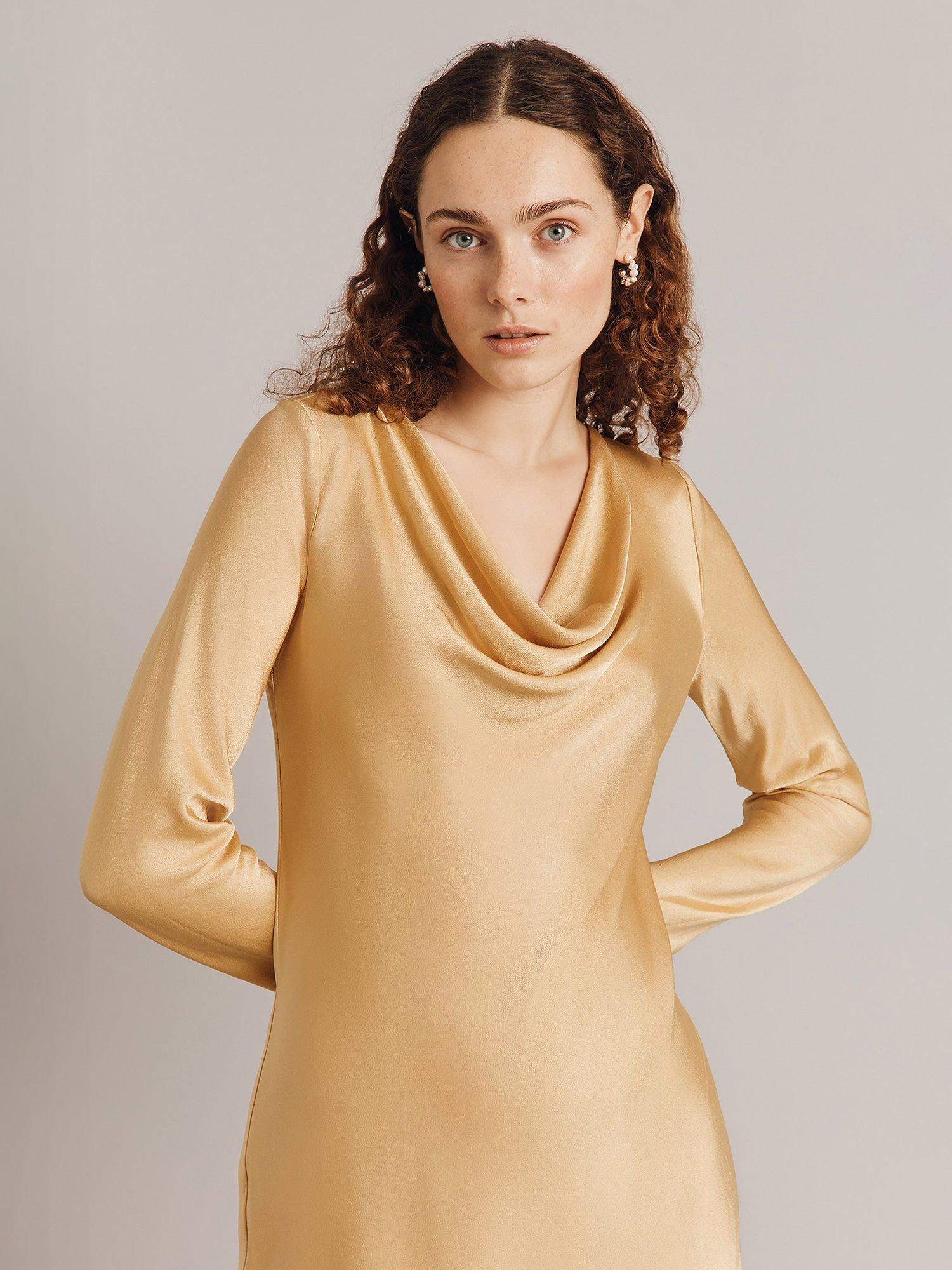 Product image 4 of 4, which shows Ghost Emily Cowl Neck Bias Cut Satin Maxi Dress, Yellow, XS
