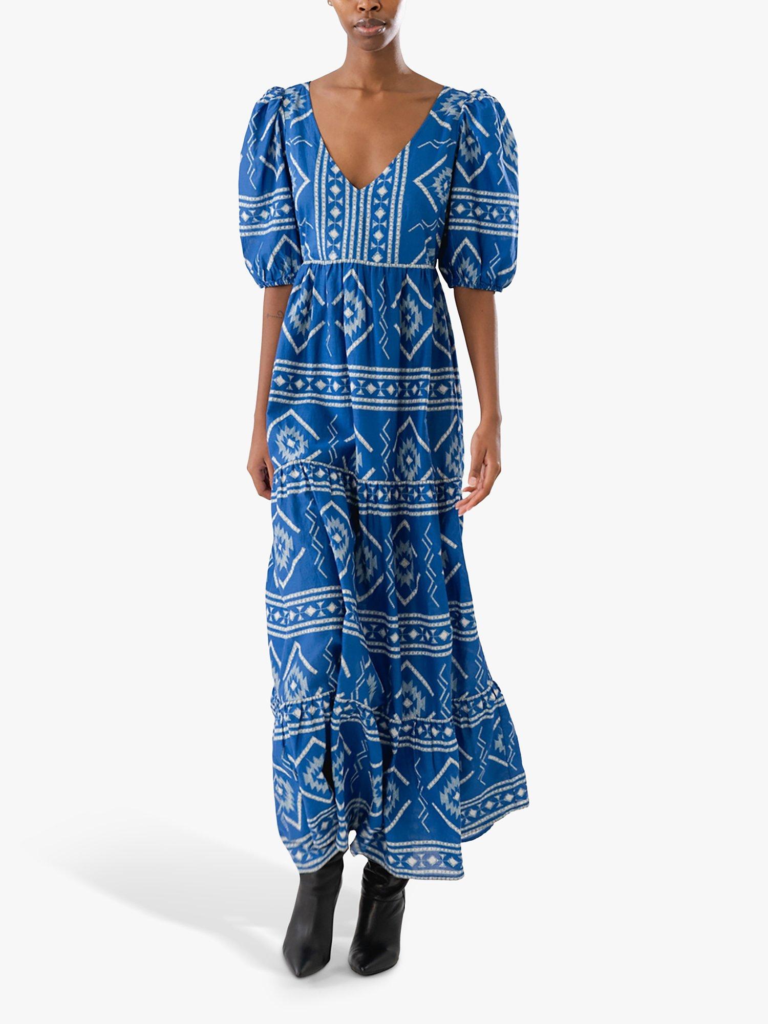 Product image 1 of 5, which shows Lollys Laundry Gambo Abstract Print Maxi Dress, Blue/White, XS