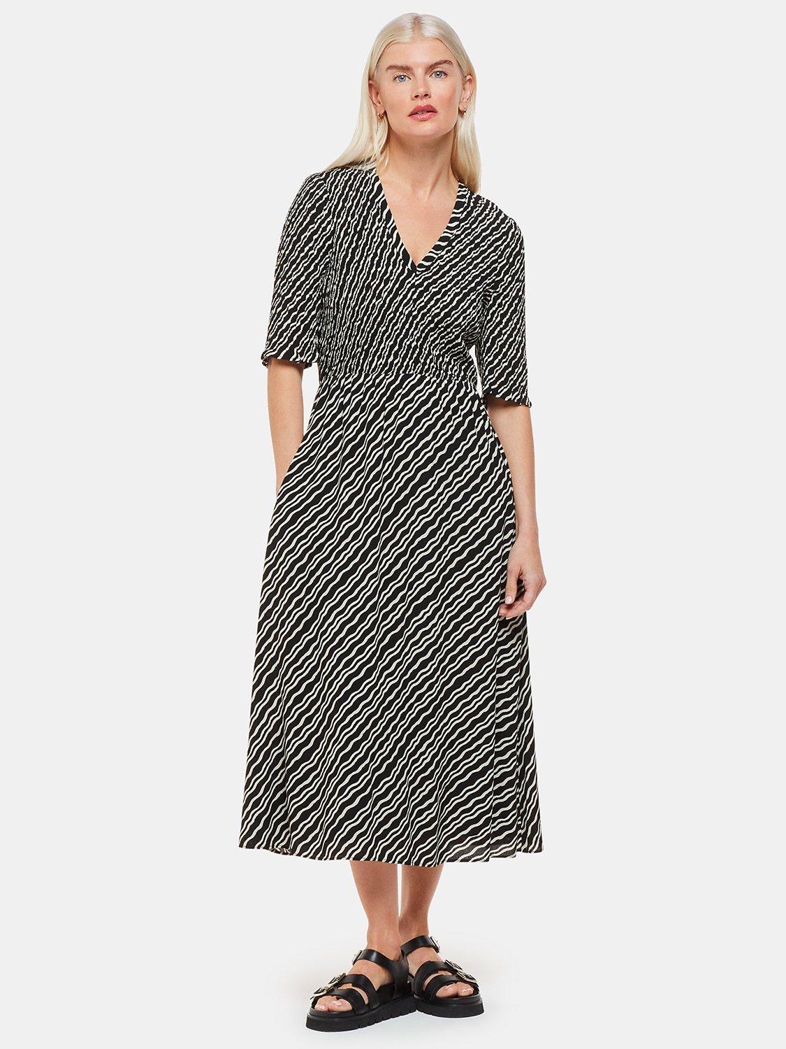 Whistles Petite Diagonal Ripple Midi Shirred Dress, Black/White, 10