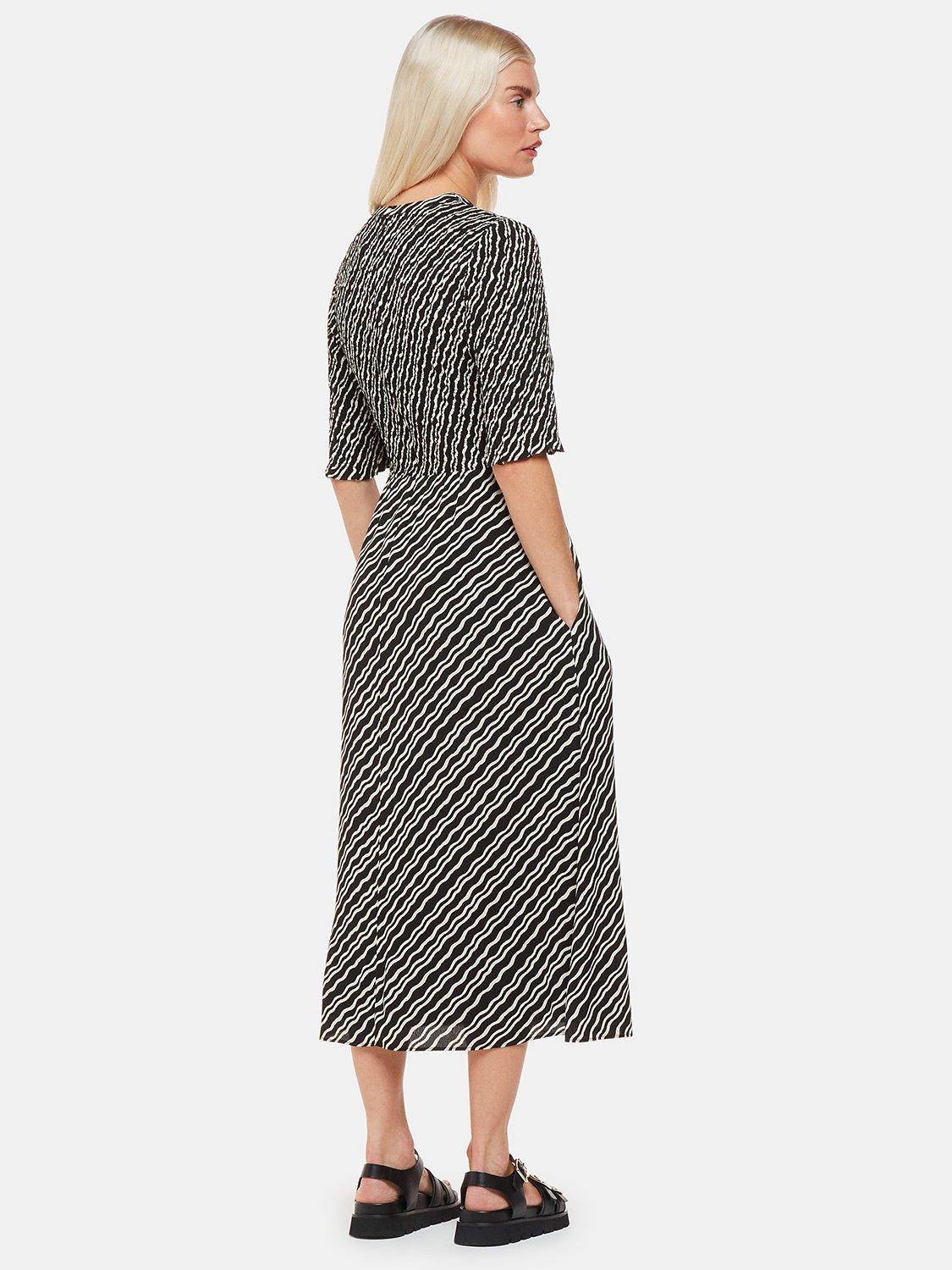 Whistles Petite Diagonal Ripple Midi Shirred Dress, Black/White, 10