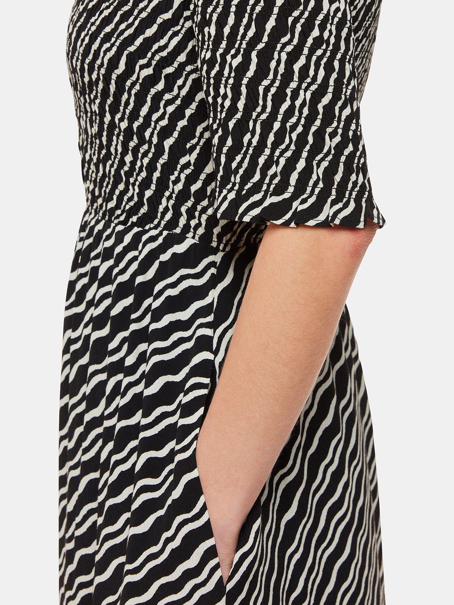 Whistles Petite Diagonal Ripple Midi Shirred Dress, Black/White, 10