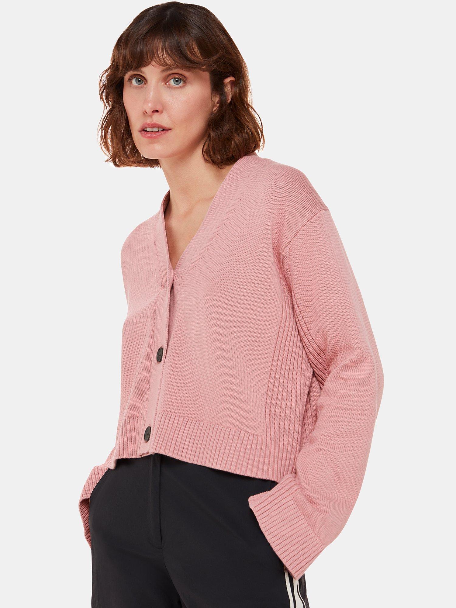 Whistles Nina Rib Detail Cropped Cotton Cardigan, Dusty Pink, XL