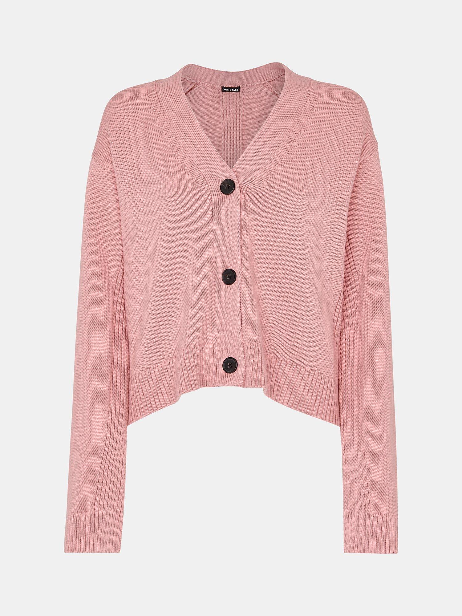 Whistles Nina Rib Detail Cropped Cotton Cardigan, Dusty Pink, XL