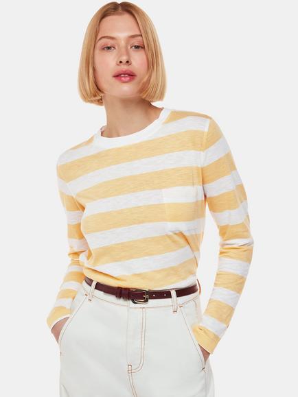 Whistles Stripe Cotton Crew Neck Top, Yellow/Multi