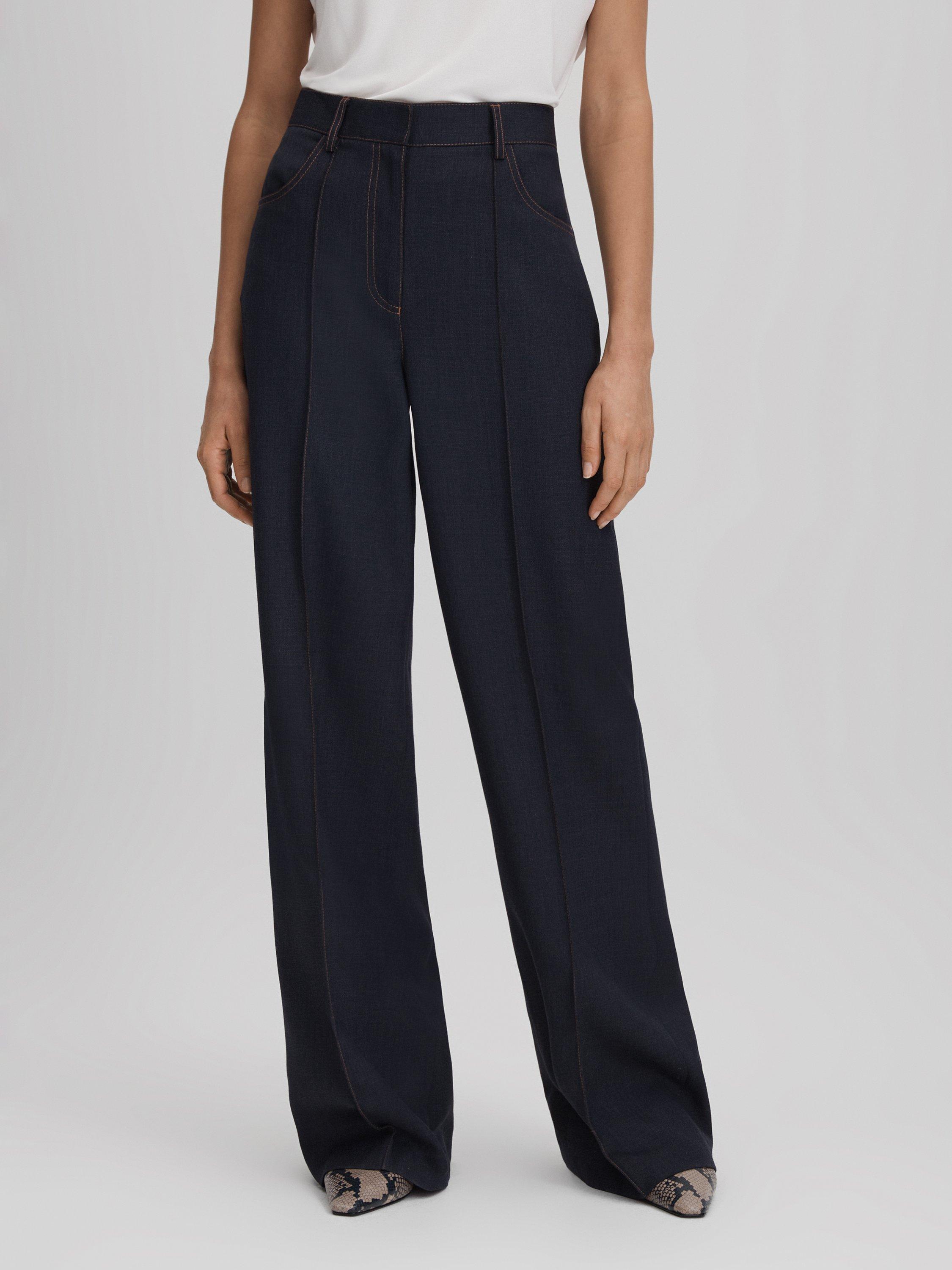 Reiss Raven Wool Blend Denim Look Tailored Trousers, Navy
