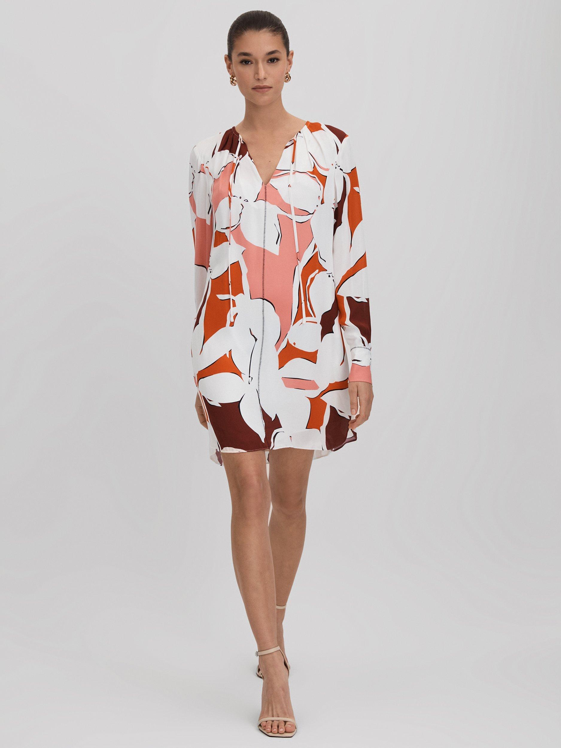 Reiss Tanya Tie Neck Mini Dress, Cream/Multi