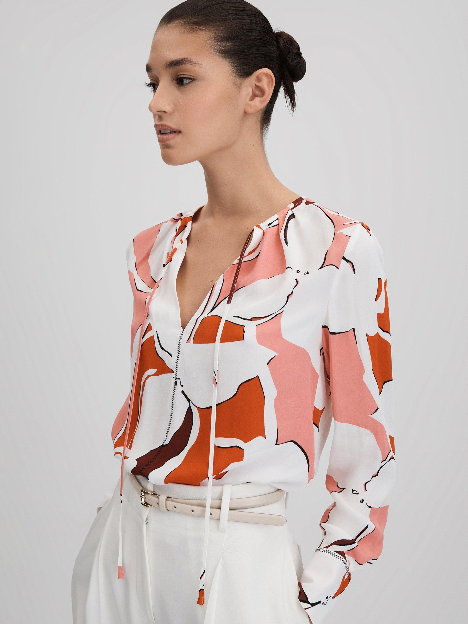 Reiss Tess Tie Neck Blouse, Cream/Multi