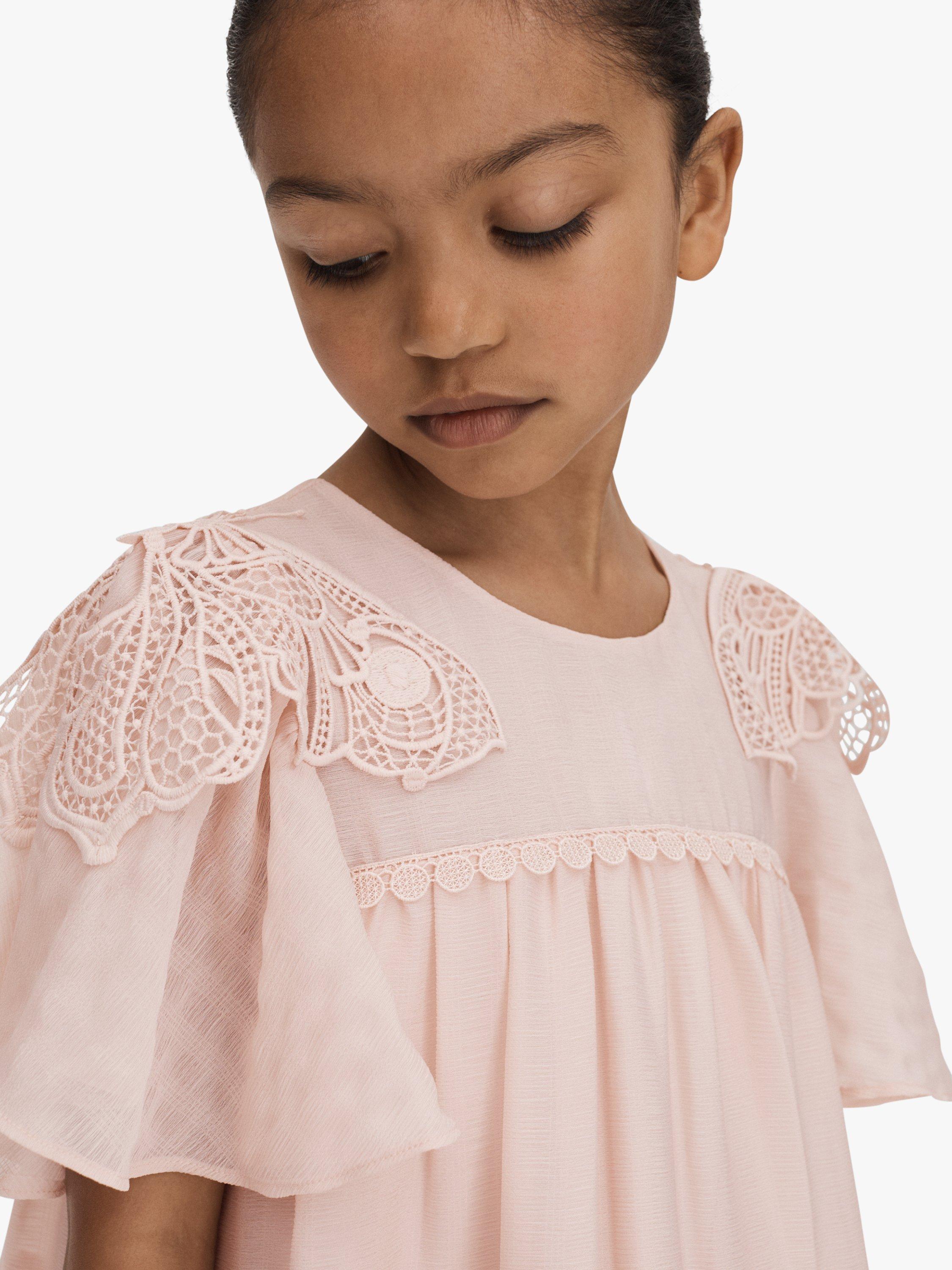 Reiss Kids Leonie Lace Detail Tiered Volume Dress Pink