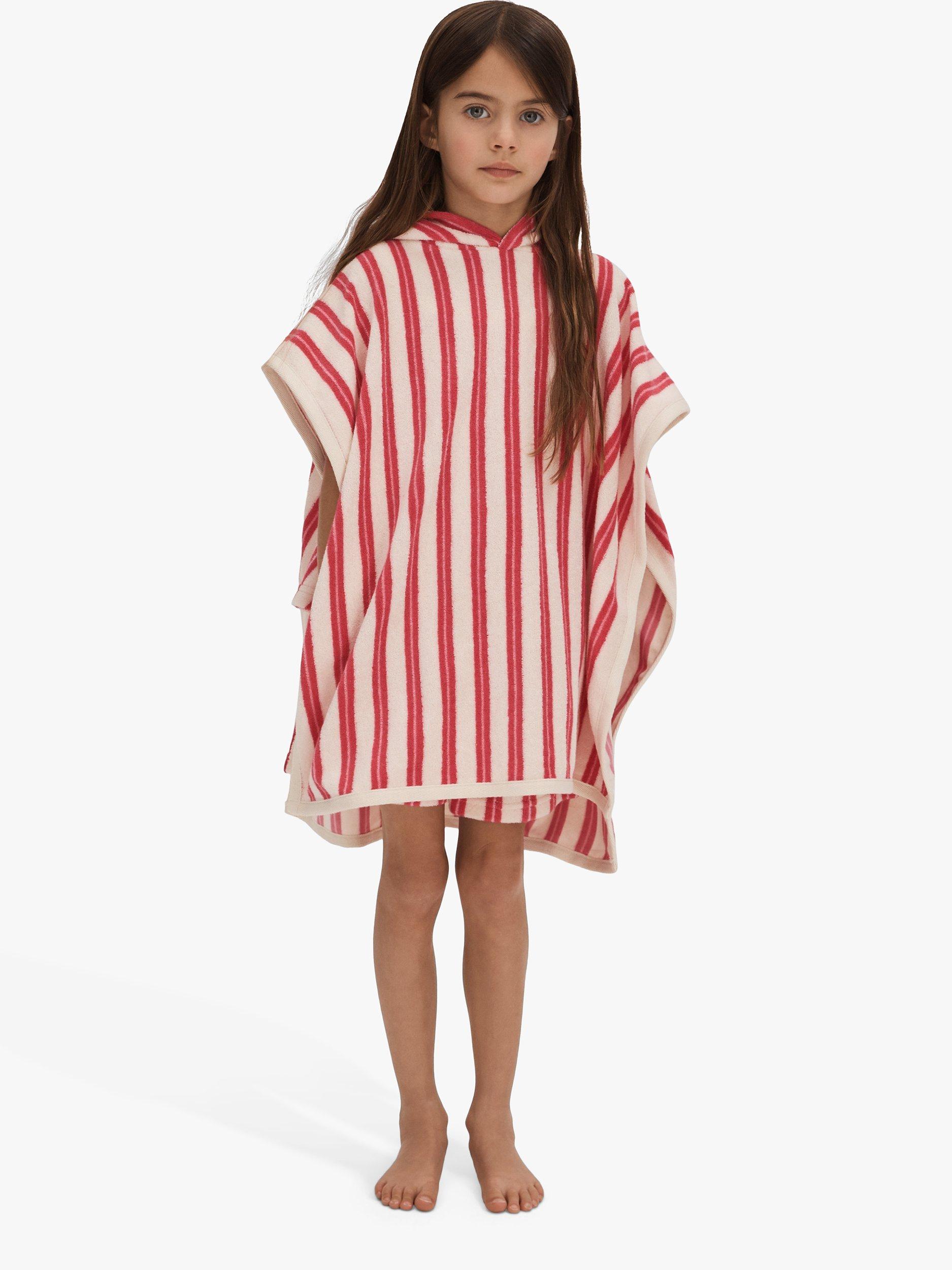 Reiss Kids' Ray Stripe Towelling Texture Hooded Poncho, Red/White
