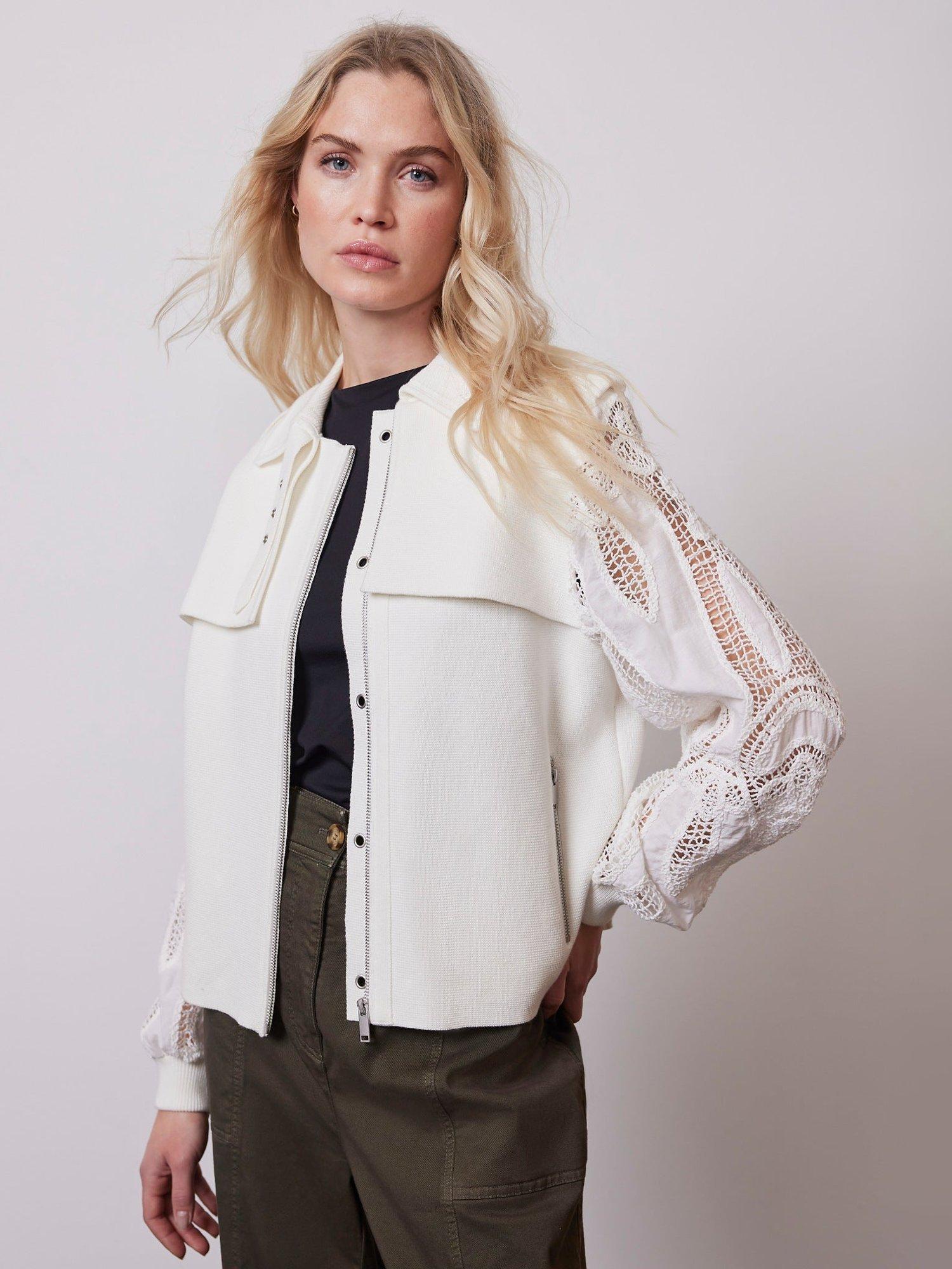 Mint Velvet Lace Sleeve Biker Style Cardigan Cream