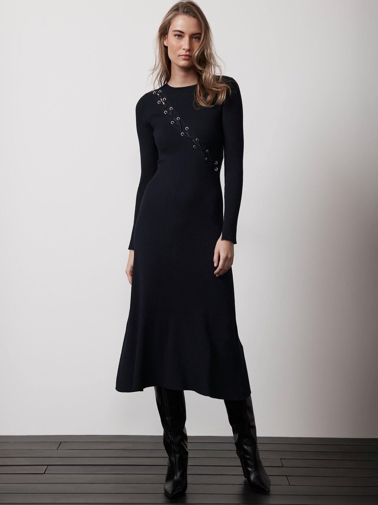 Mint Velvet Utility Eyelet Detail Rib Knit Midi Dress, Navy