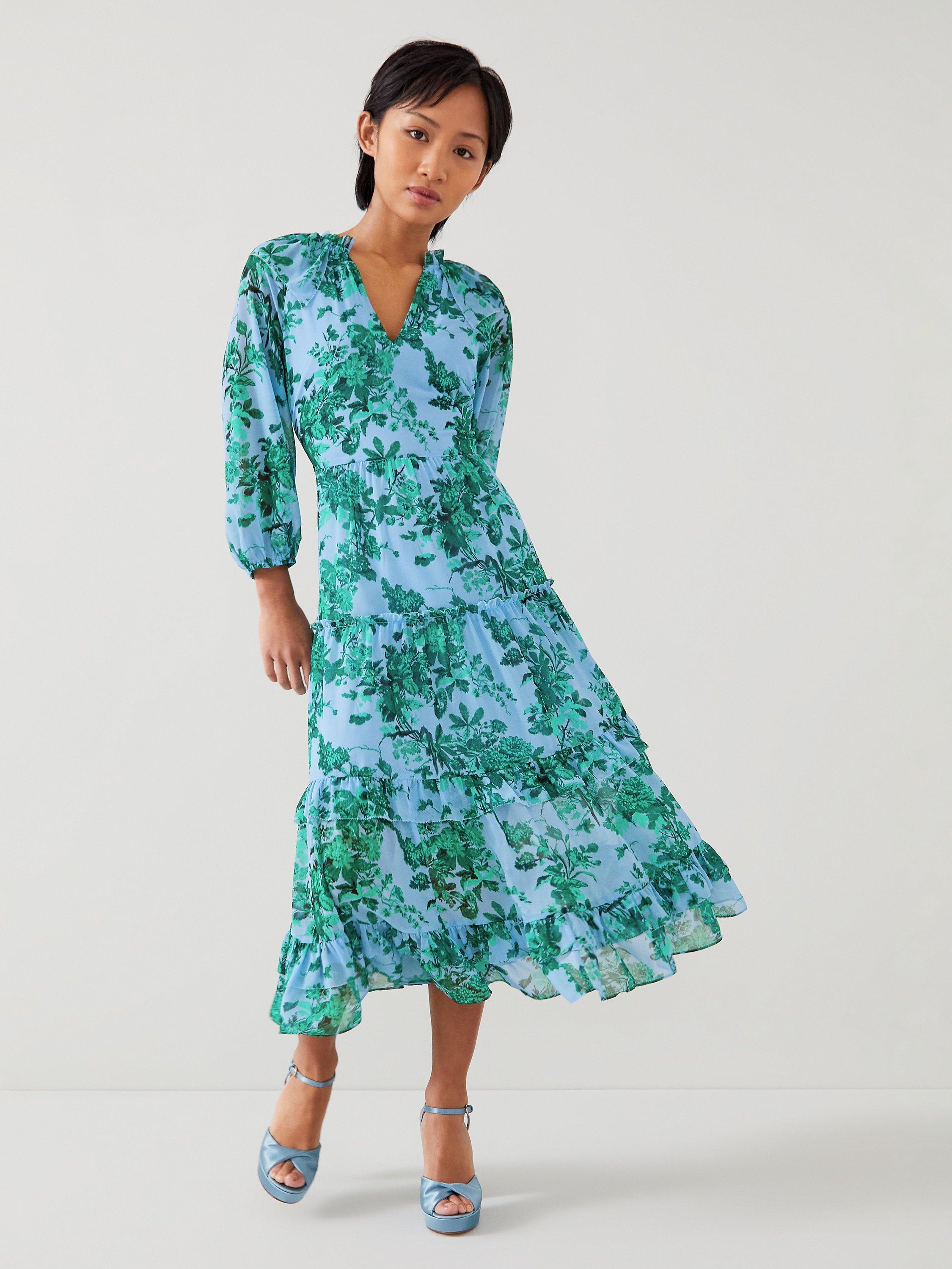 L.K.Bennett Petite Eleanor Floral Print Midi Dress, Blue/Multi