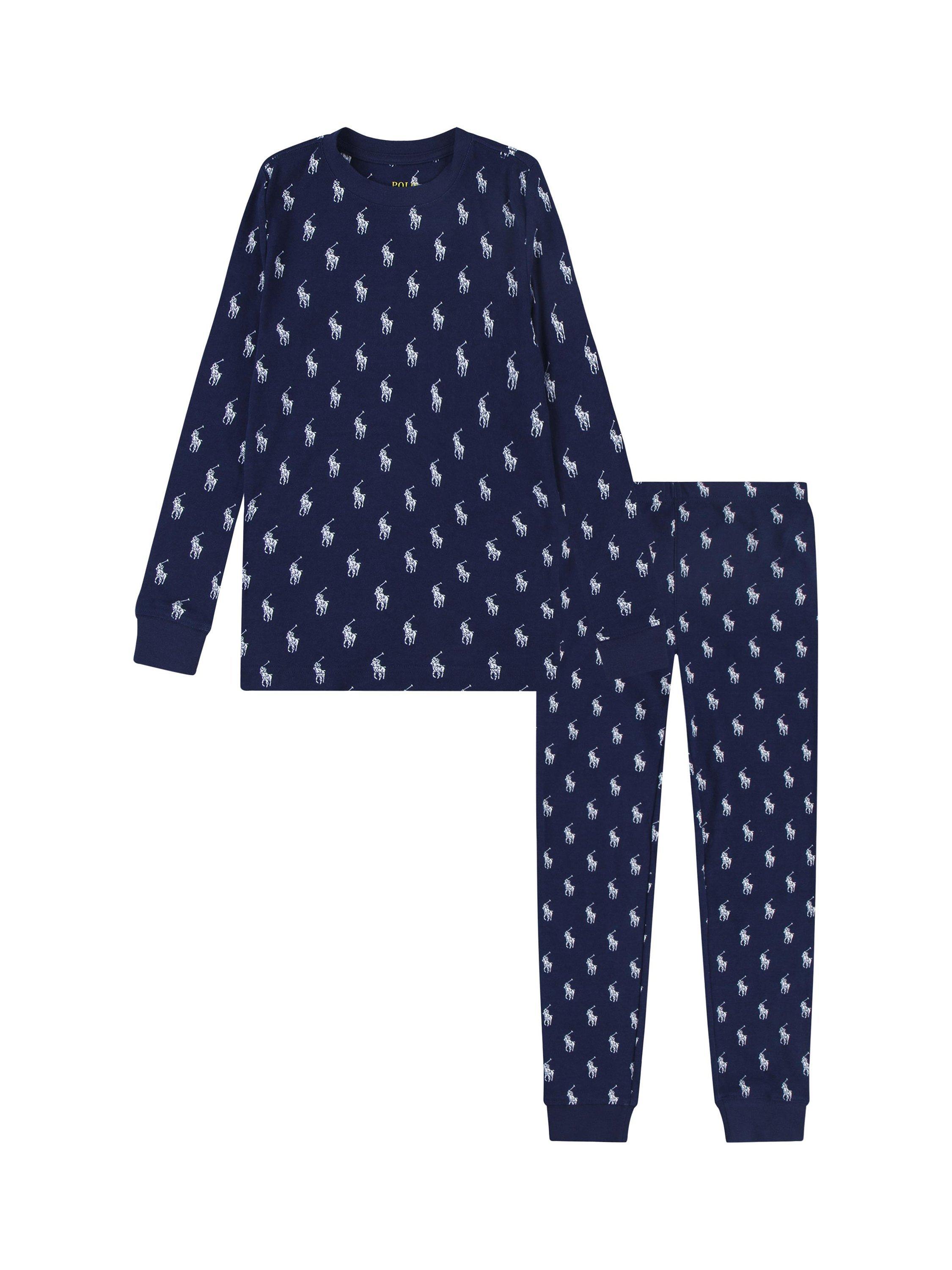 Product image 1 of 7, which shows Polo Ralph Lauren Kids' Logo Rib Long Sleeve Pyjamas, Navy, 12 years