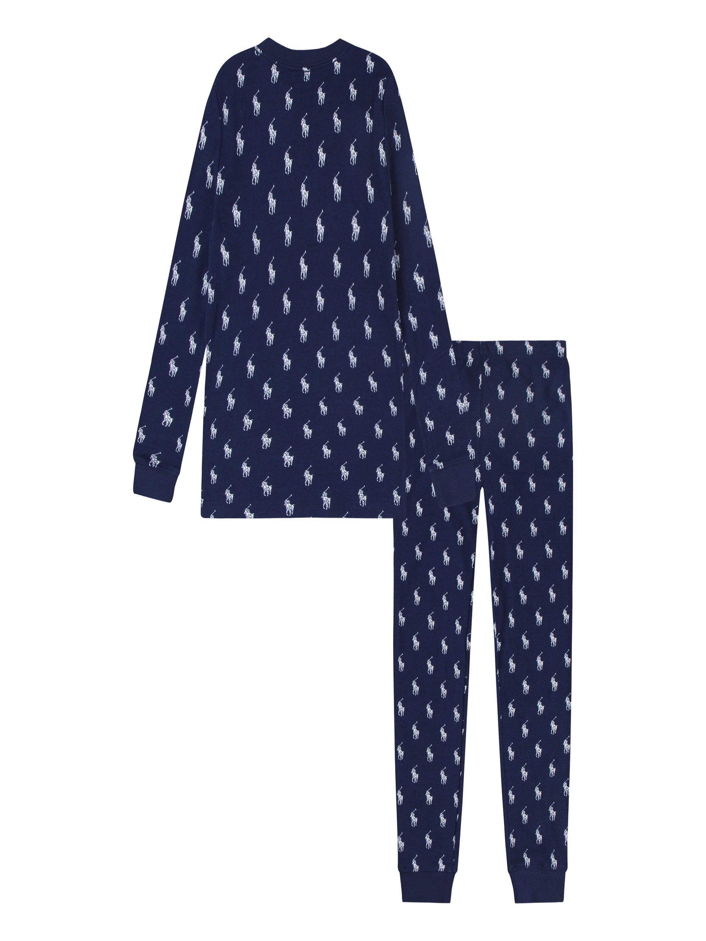 Product image 2 of 7, which shows Polo Ralph Lauren Kids' Logo Rib Long Sleeve Pyjamas, Navy, 12 years