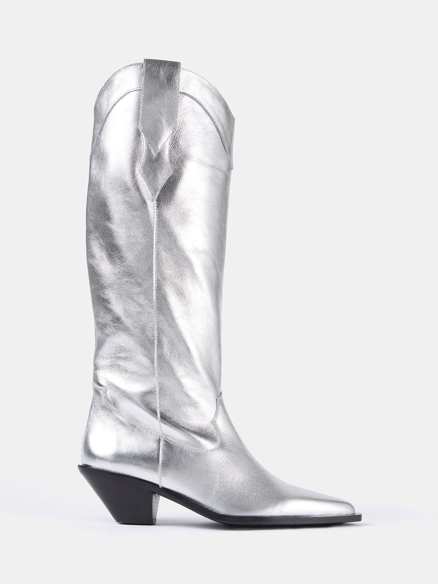 Mint Velvet Metallic Leather Cowboy Knee Boots, Silver