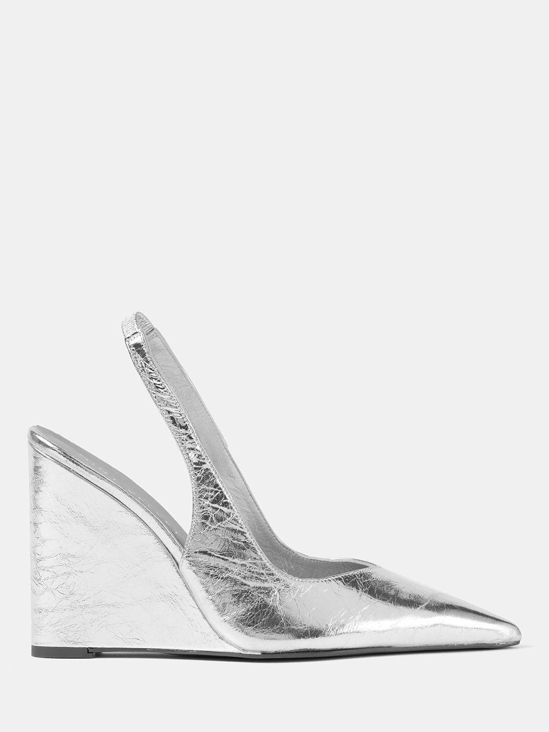 Mint Velvet Metallic Leather Pointed Toe Wedge Slingback Shoes, Silver