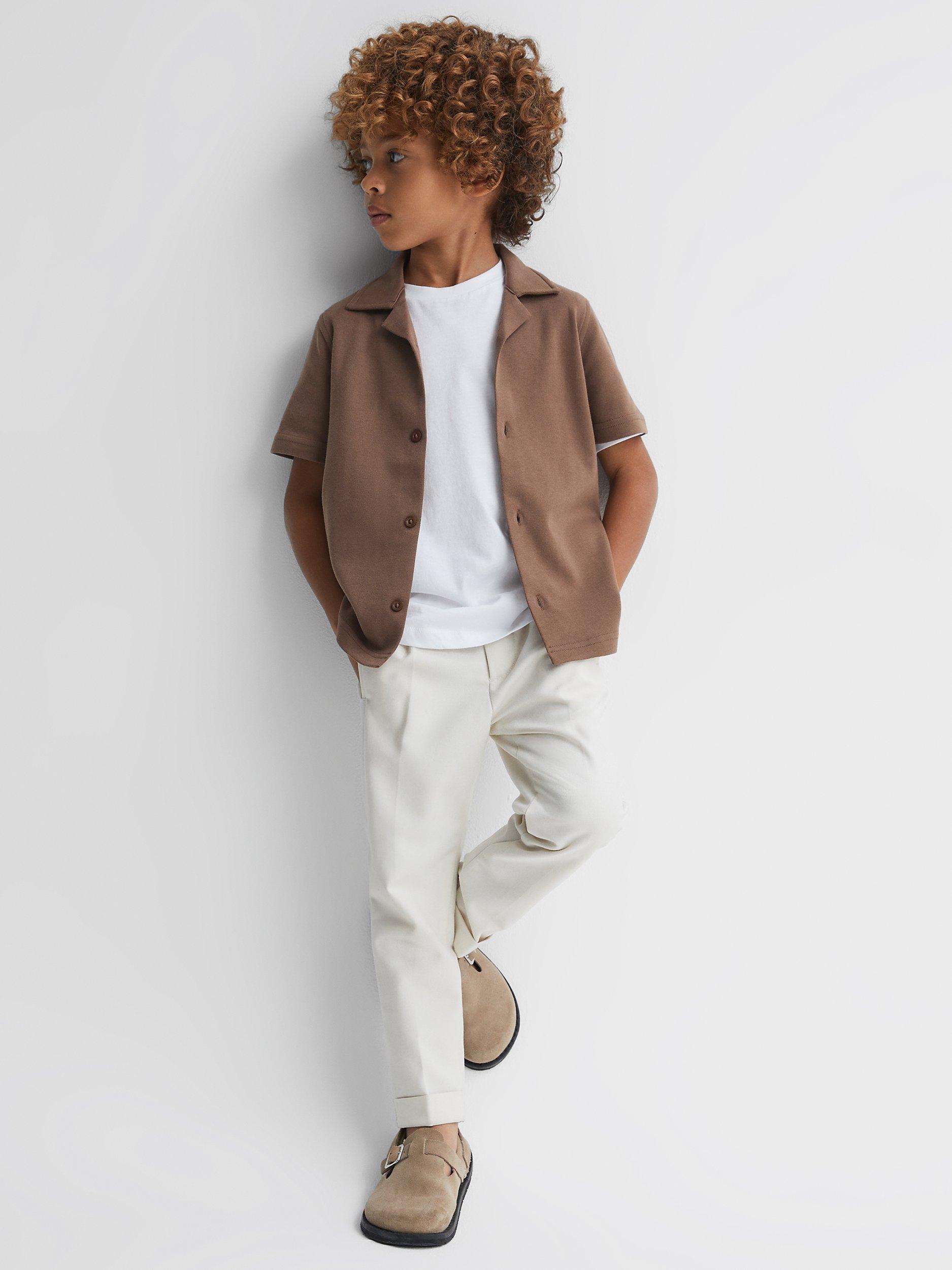 Reiss Kids' Caspa Cotton Jersey Cuban Collar Shirt, Tobacco