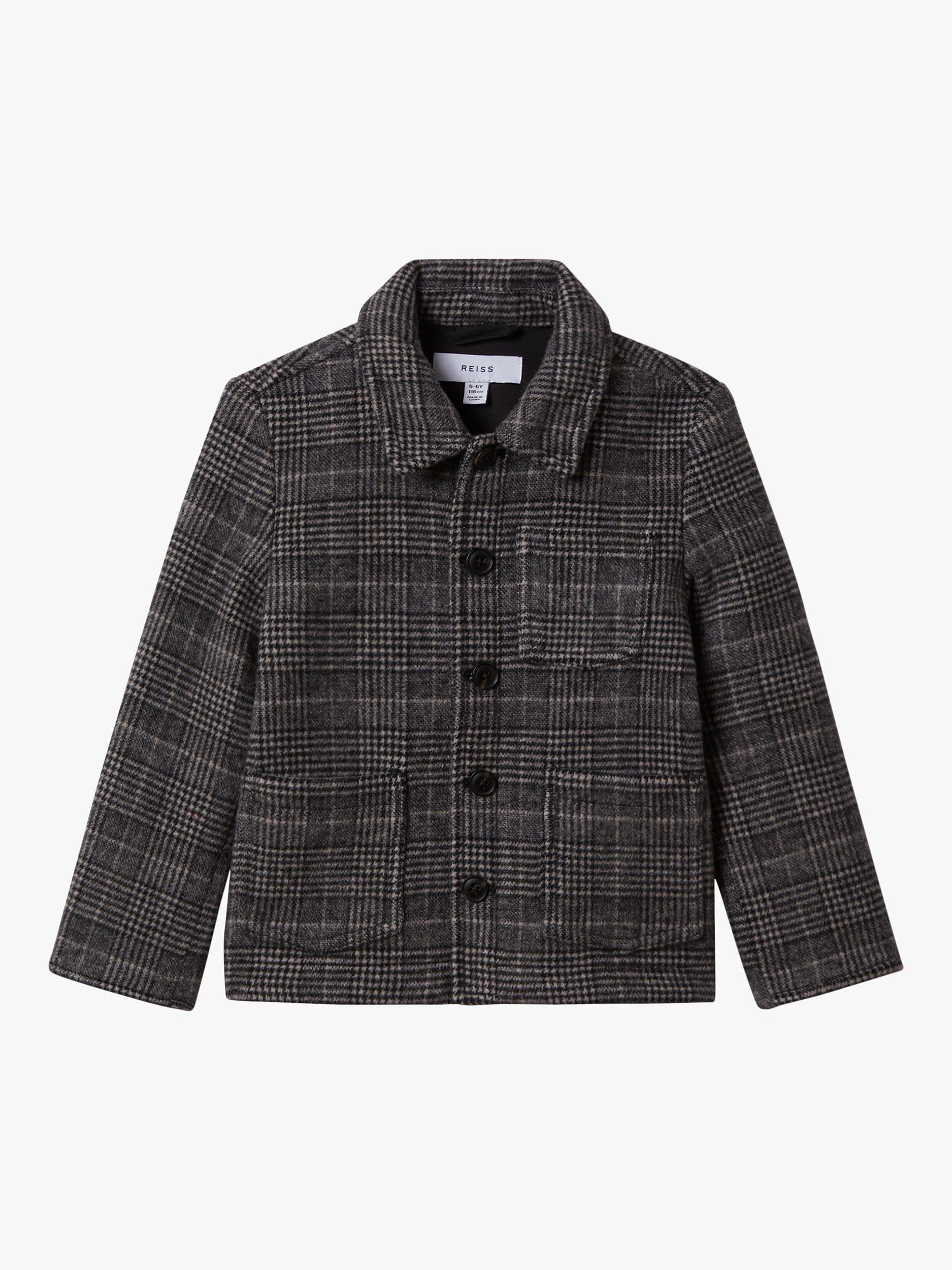 Reiss Kids' Covert Check Button Through Overshirt, Charcoal