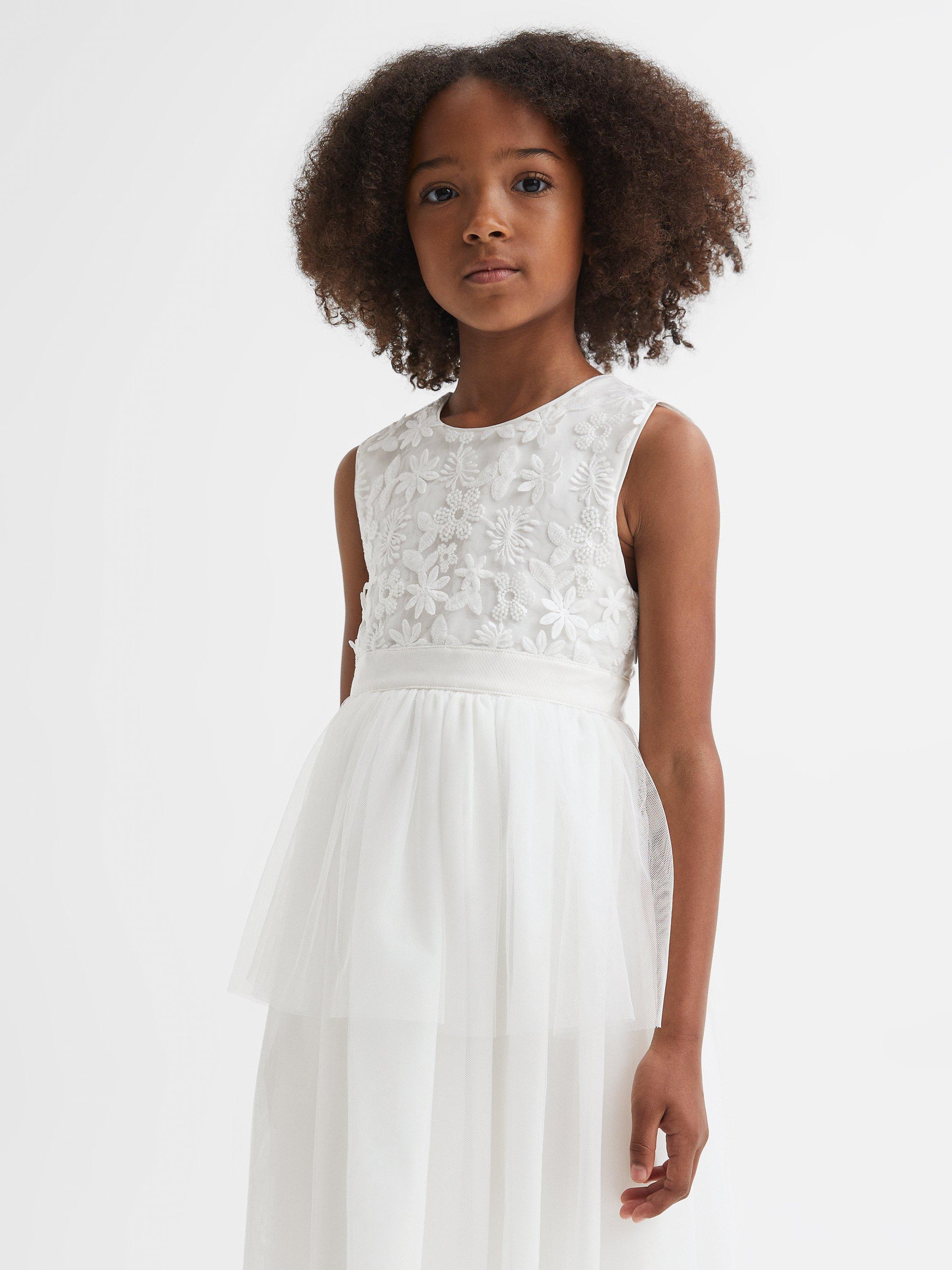 Reiss Kids Rocha Floral Embellished Tulle Occasion Dress Ivory