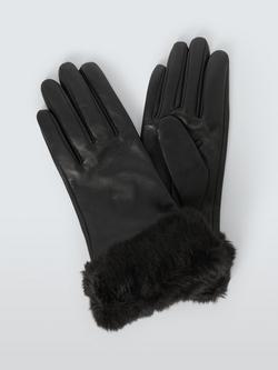 John Lewis Faux Fur Cuff Leather Mittens, Black, Black