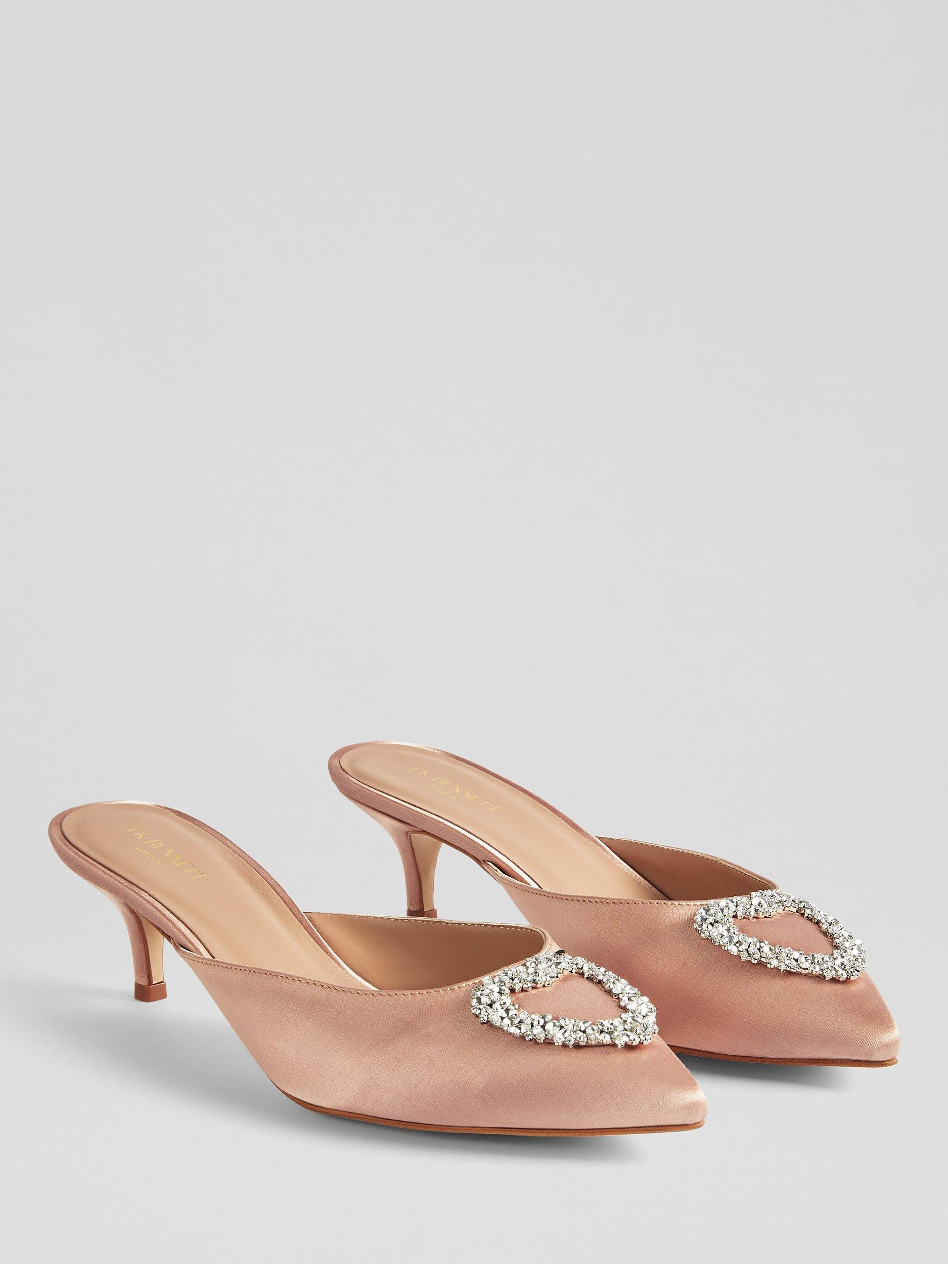 Product image 2 of 3, which shows L.K.Bennett Estella Embellished Satin Kitten Heel Mules, Trench, 5