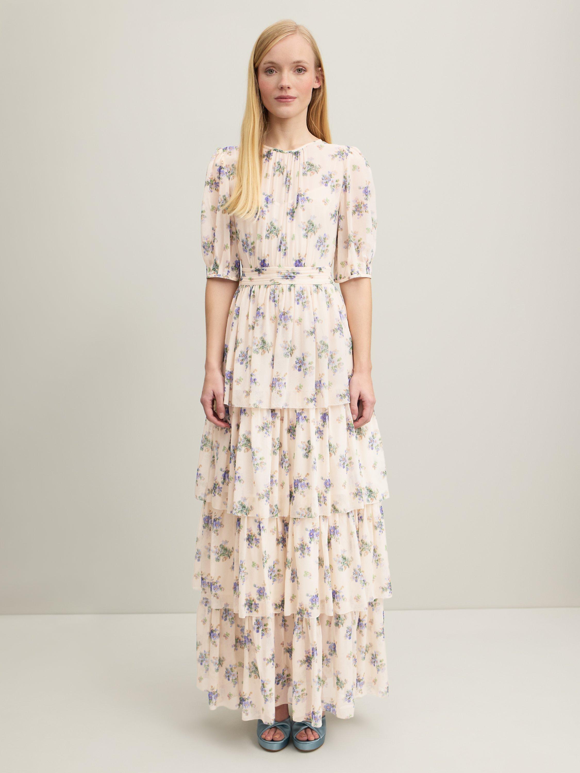L.K.Bennett Royal Ascot Bouvier Tiered Silk Maxi Dress, Cream/Multi