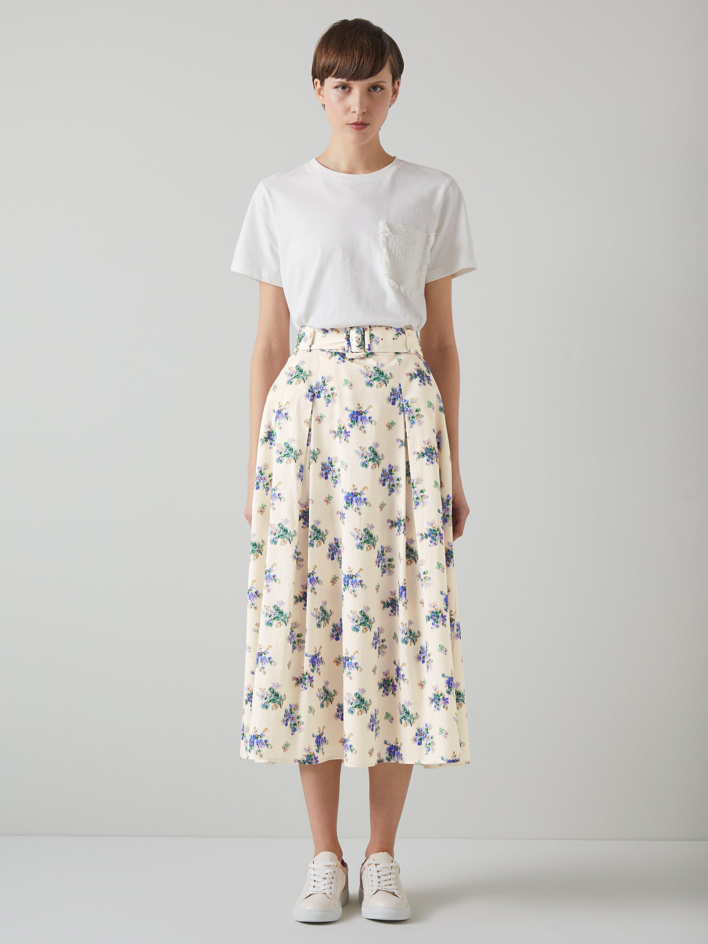L.K.Bennett Elodie Cotton Floral Midi Skirt, Cream