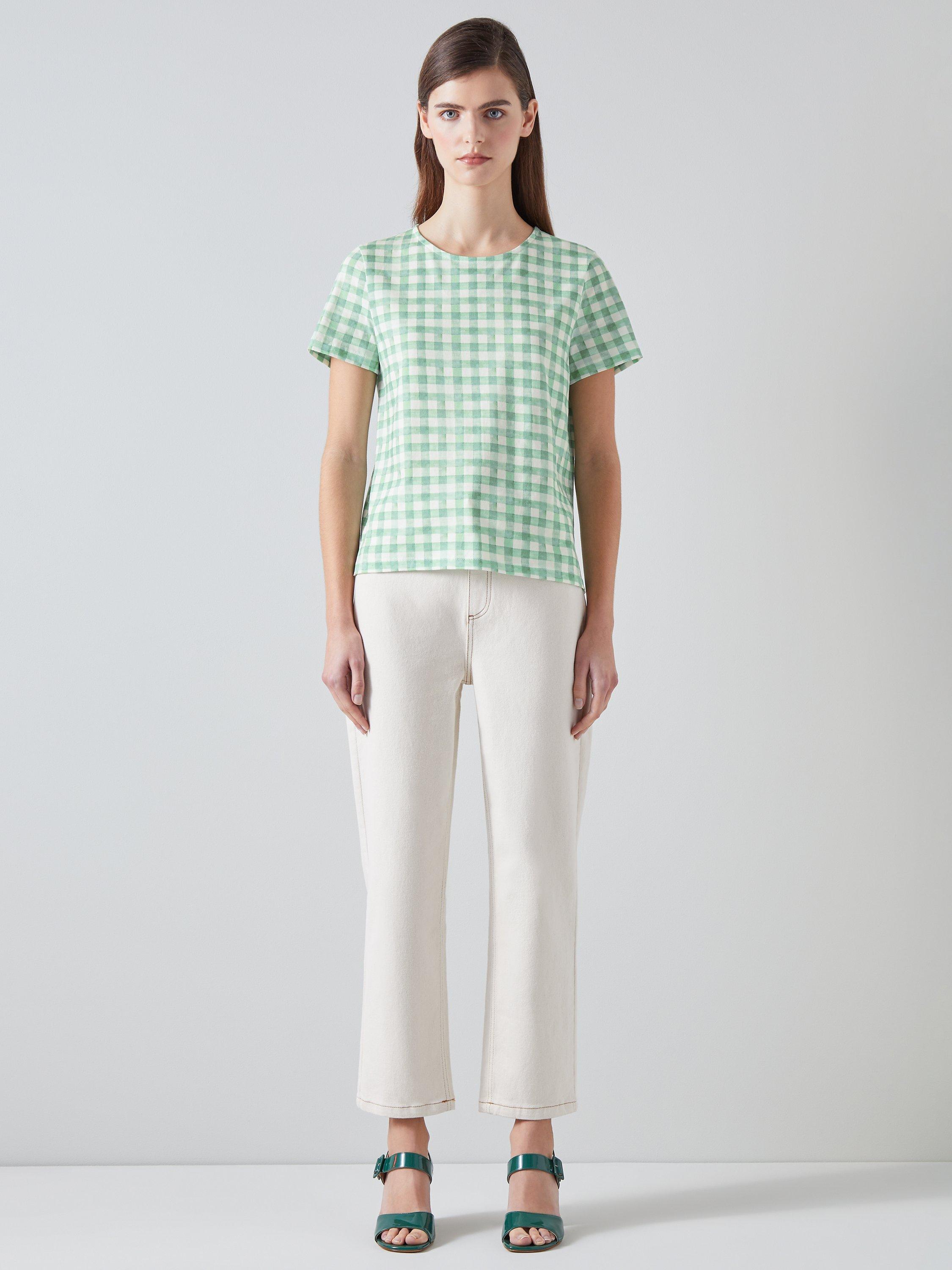L.K.Bennett Calder Checked Cotton Top, Green/Cream
