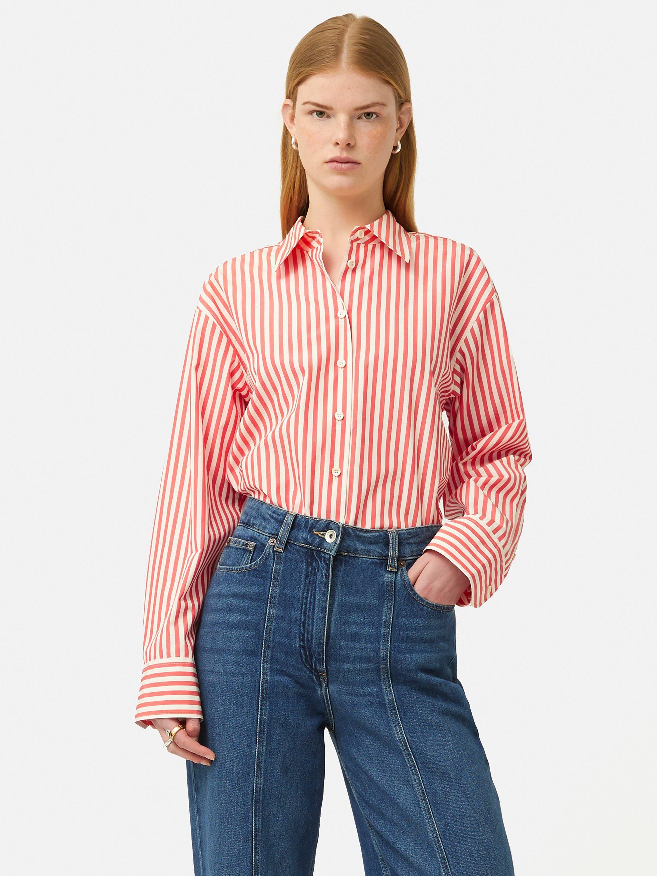 Jigsaw Cotton Poplin Stripe Shirt, Cream/Coral