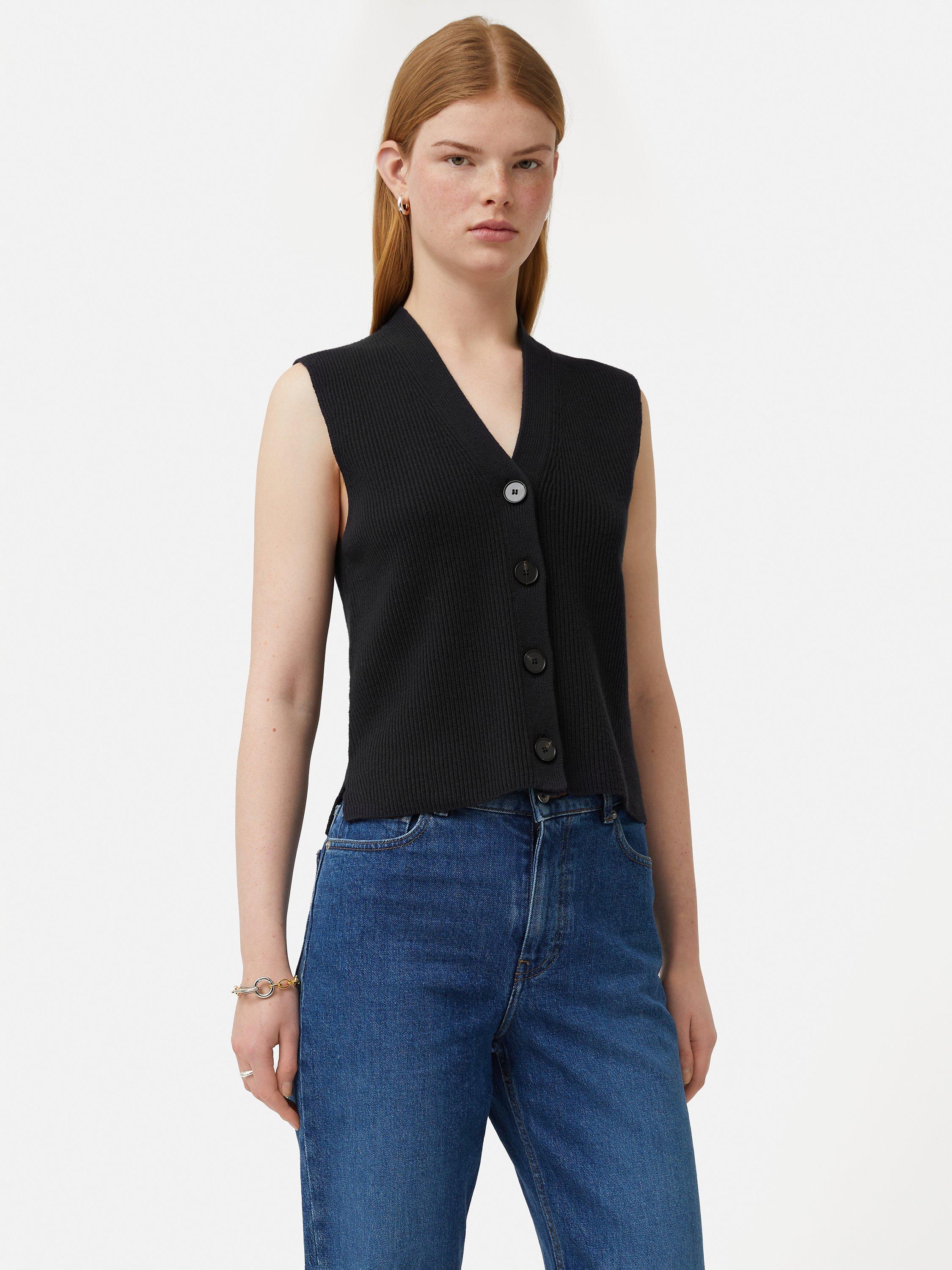 Jigsaw Cotton Wool Blend Rib Knit Button Up Tank Top, Black