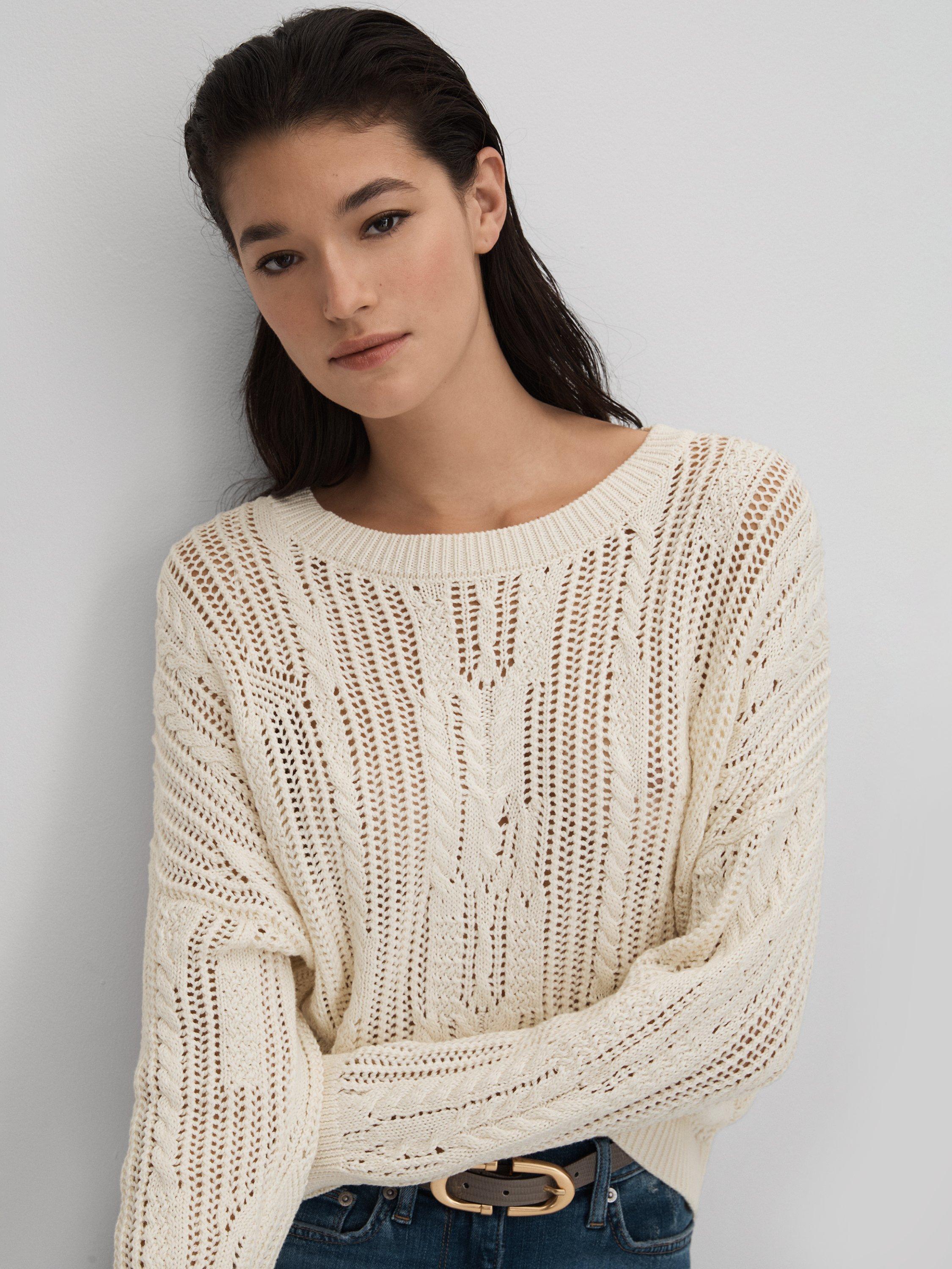 Reiss Tanya Cotton Blend Open Stitch Jumper, Ivory