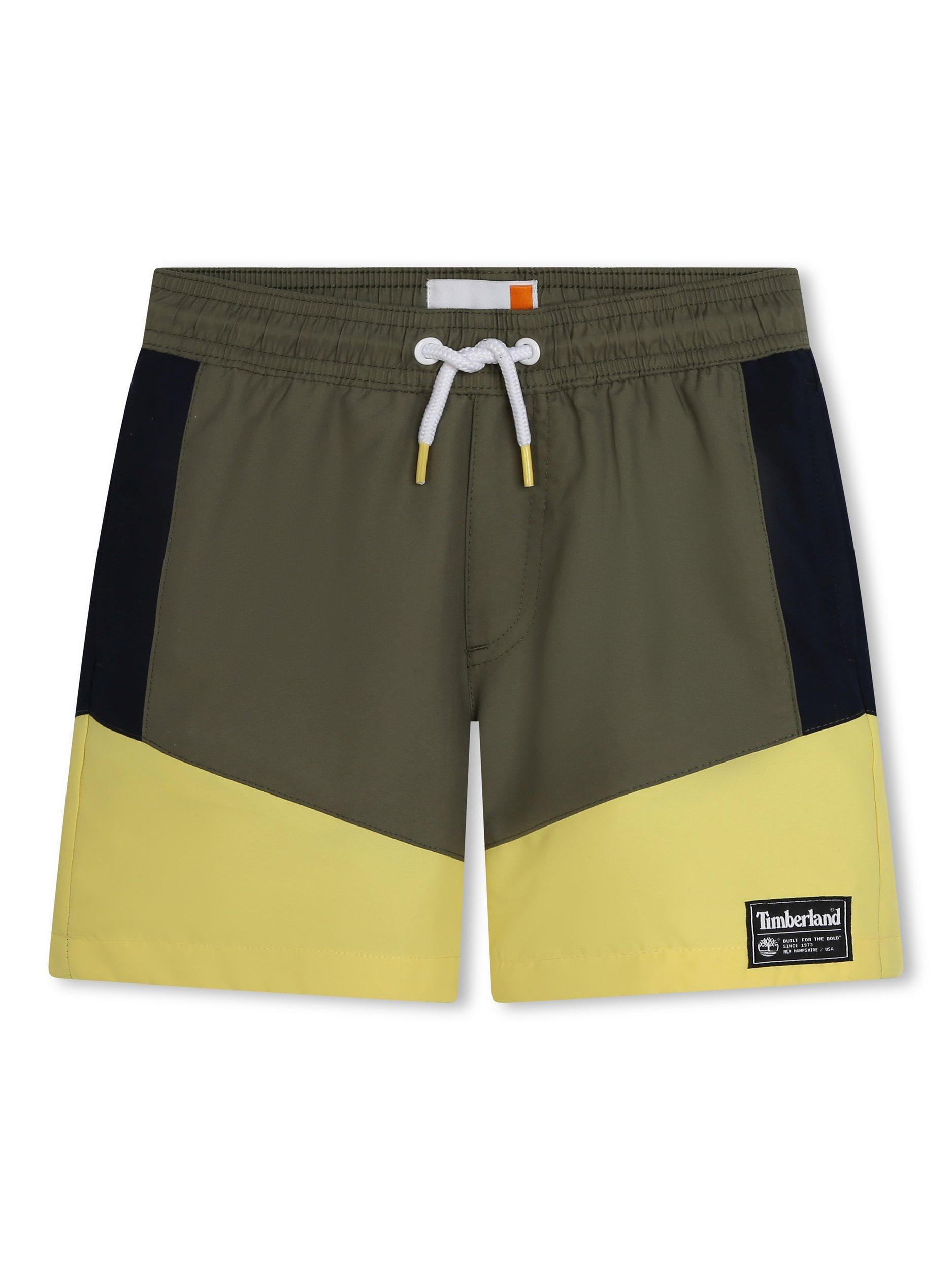 Product image 1 of 2, which shows Timberland Kids' Logo Colour Block Swim Shorts, Mid Green/Multi, 4 years