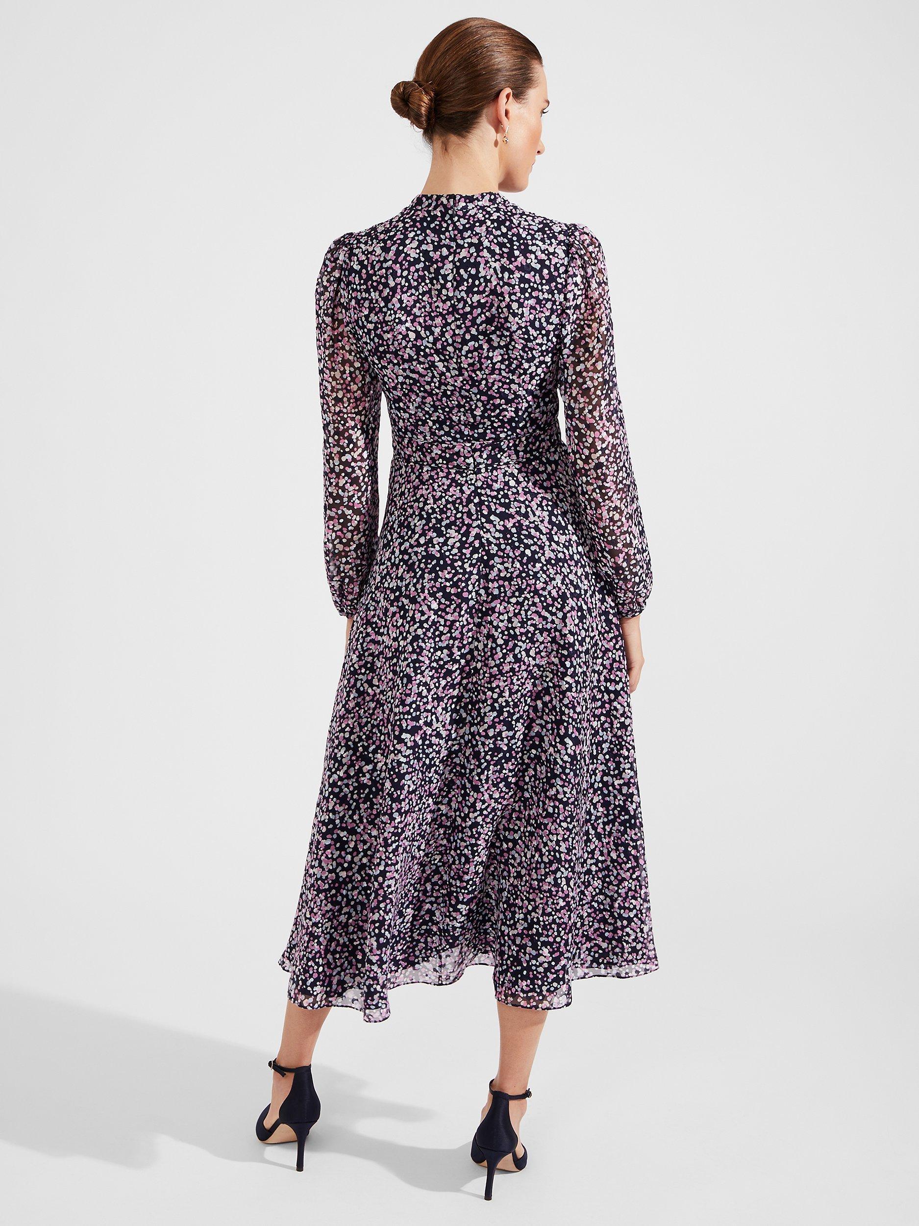 Product image 2 of 5, which shows Hobbs Petite Aurora Polka Dot Midi Dress, Navy/Multi, 6
