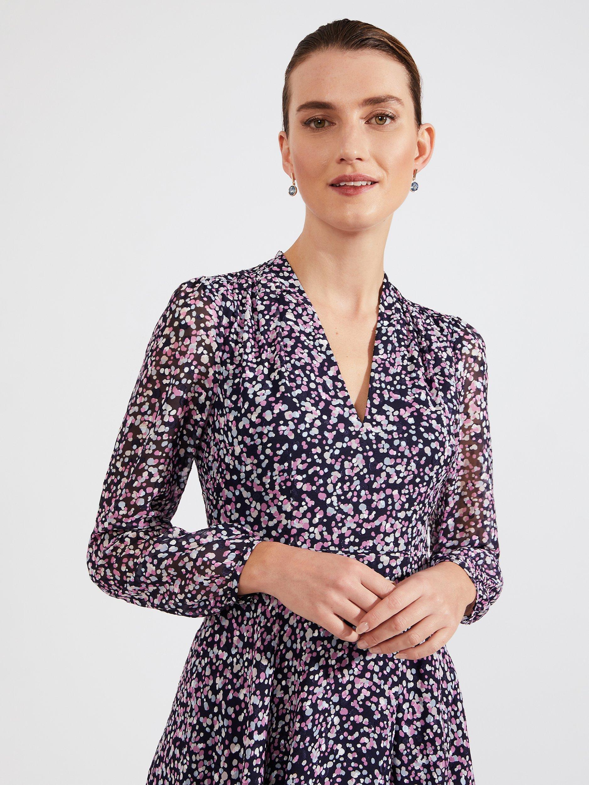 Product image 4 of 5, which shows Hobbs Petite Aurora Polka Dot Midi Dress, Navy/Multi, 6