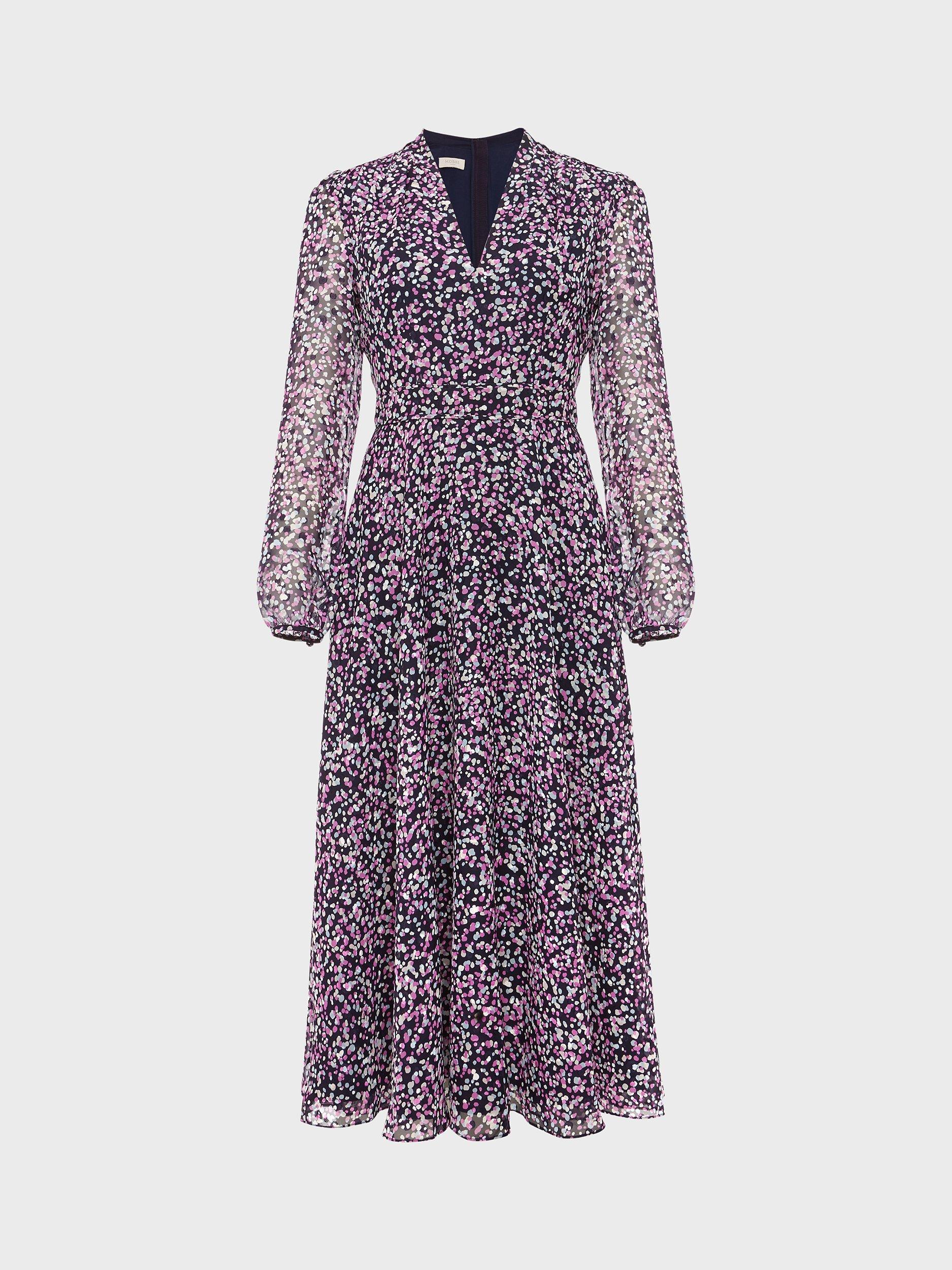 Product image 5 of 5, which shows Hobbs Petite Aurora Polka Dot Midi Dress, Navy/Multi, 6
